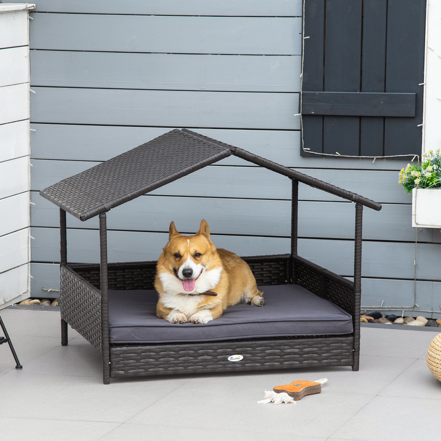 Outdoor Wicker Dog House with Canopy and Water-Resistant Cushion - Small to Medium Dogs
