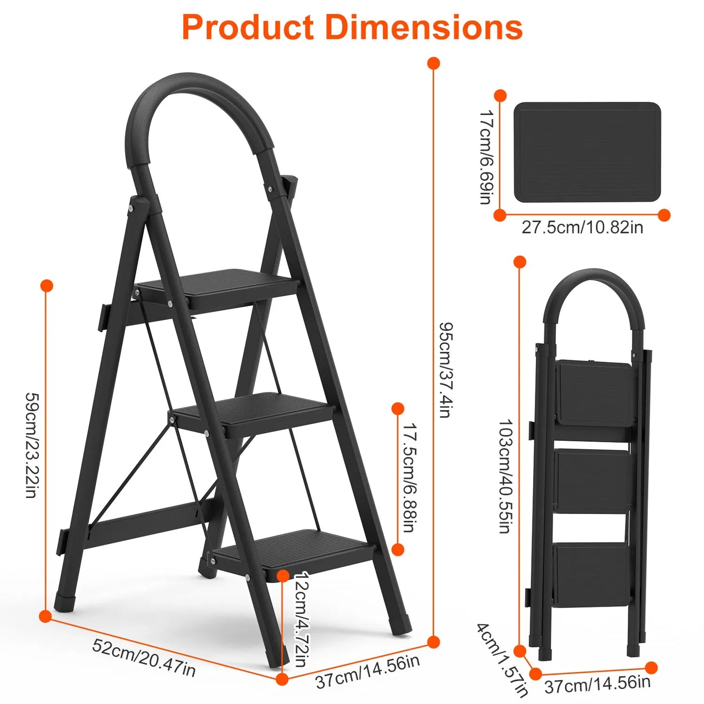 Foldable 3-Step Ladder with 330lbs Load Capacity, Lightweight Steel Construction