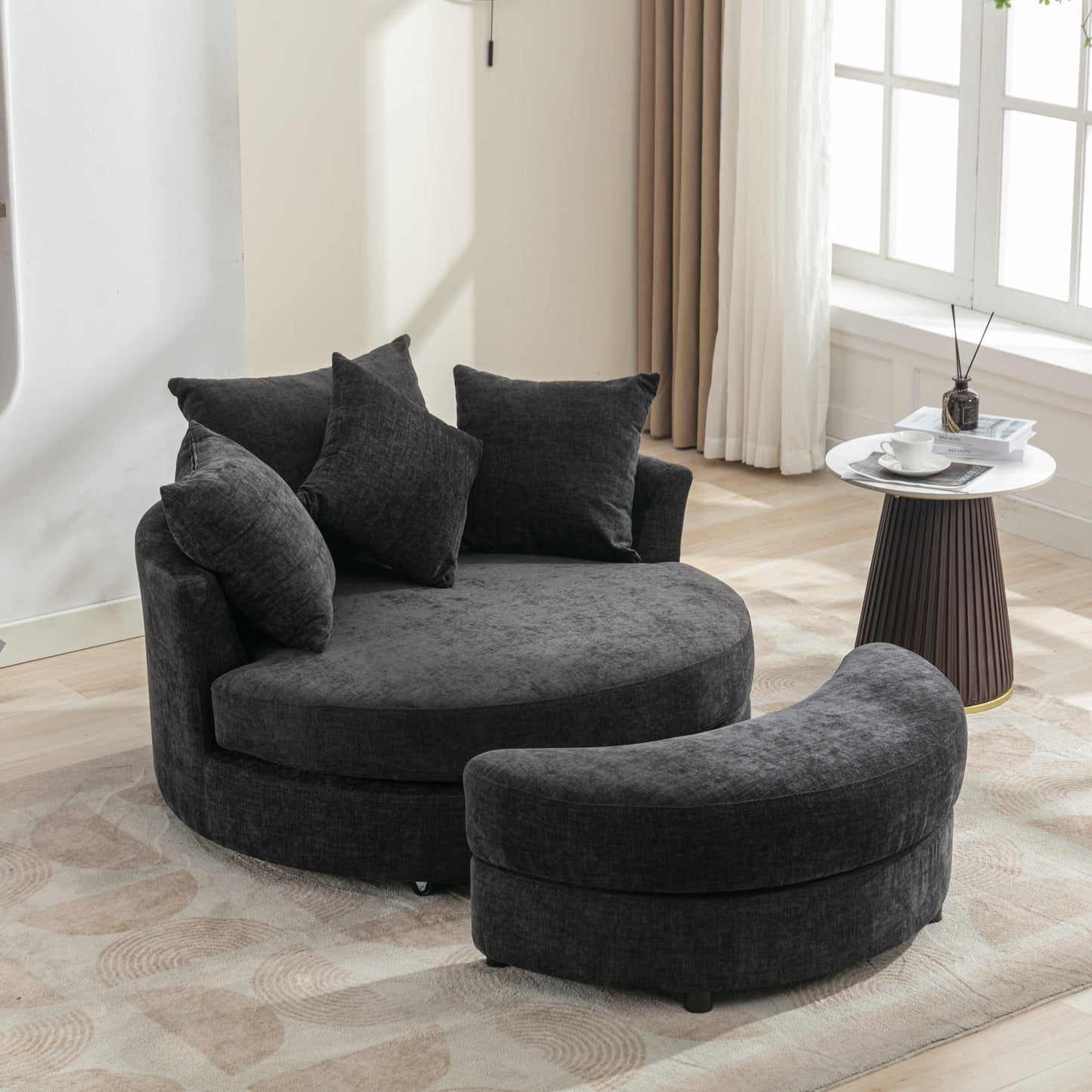360° Swivel Accent Barrel Chair with Storage Ottoman & 4 Pillows - Gray