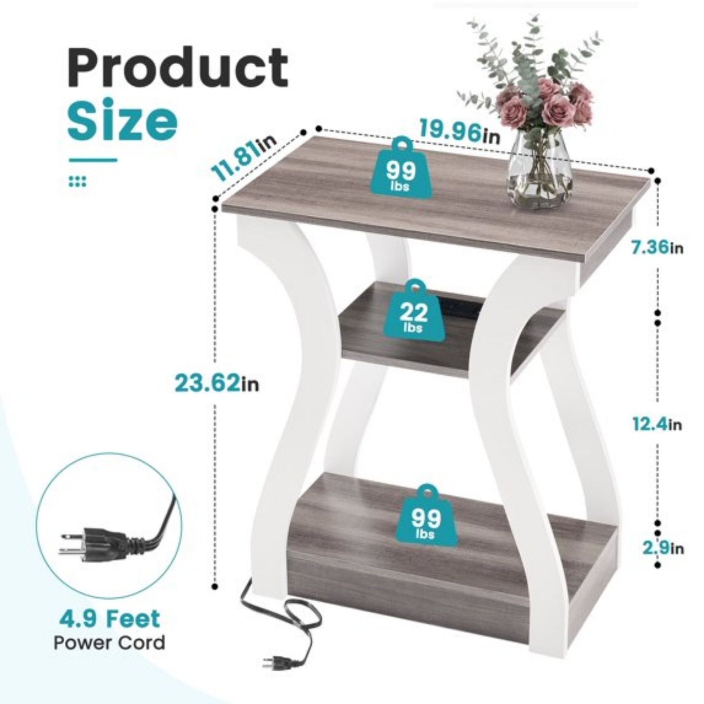 Slim End Table Set with Charging Station, USB Ports & Outlets