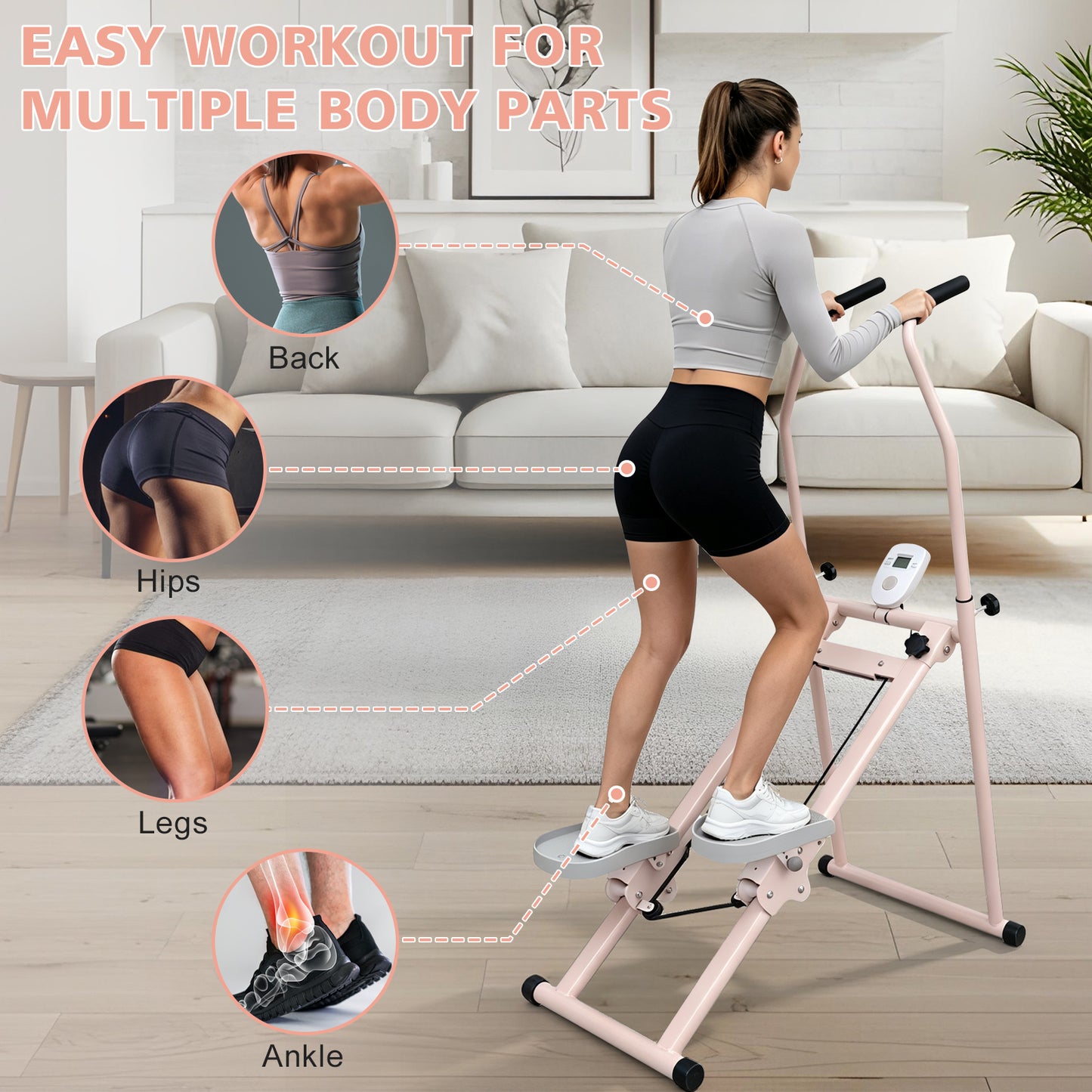 Folding Vertical Stair Stepper Cardio Machine - Pink & White