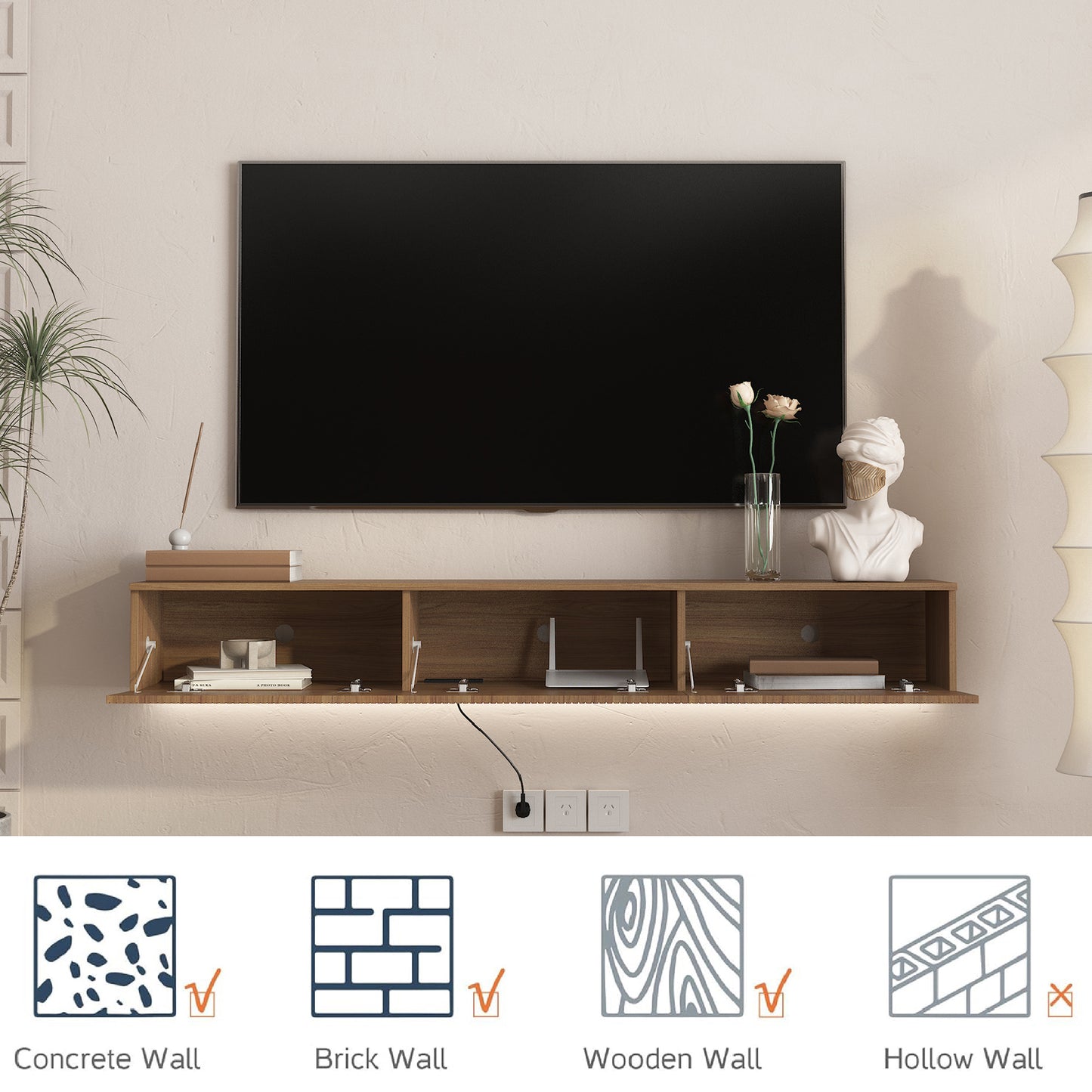 Wall Mounted Floating TV Stand with 16 Color LEDs - 65 Inch