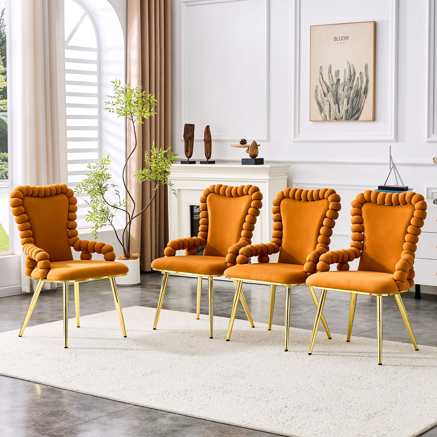 Set of 2 Orange Velvet Bubble Dining Chairs with Gold Legs