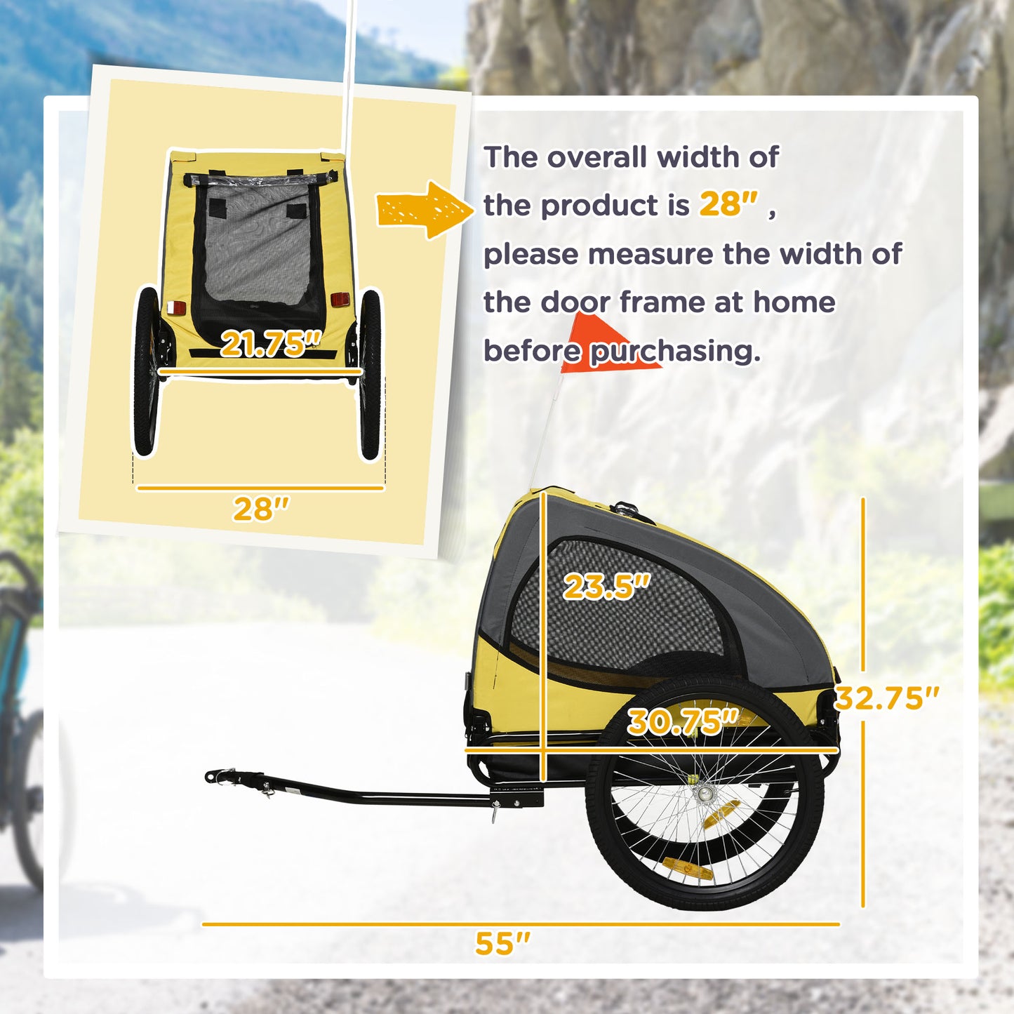 Dog Bike Trailer Pet Stroller for Medium Dogs - Yellow, 66 lbs Capacity