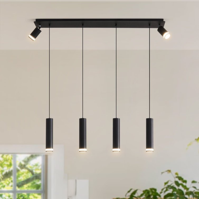6-Light Matte Black Kitchen Island Pendant Light Fixture, Adjustable Cylinder Design