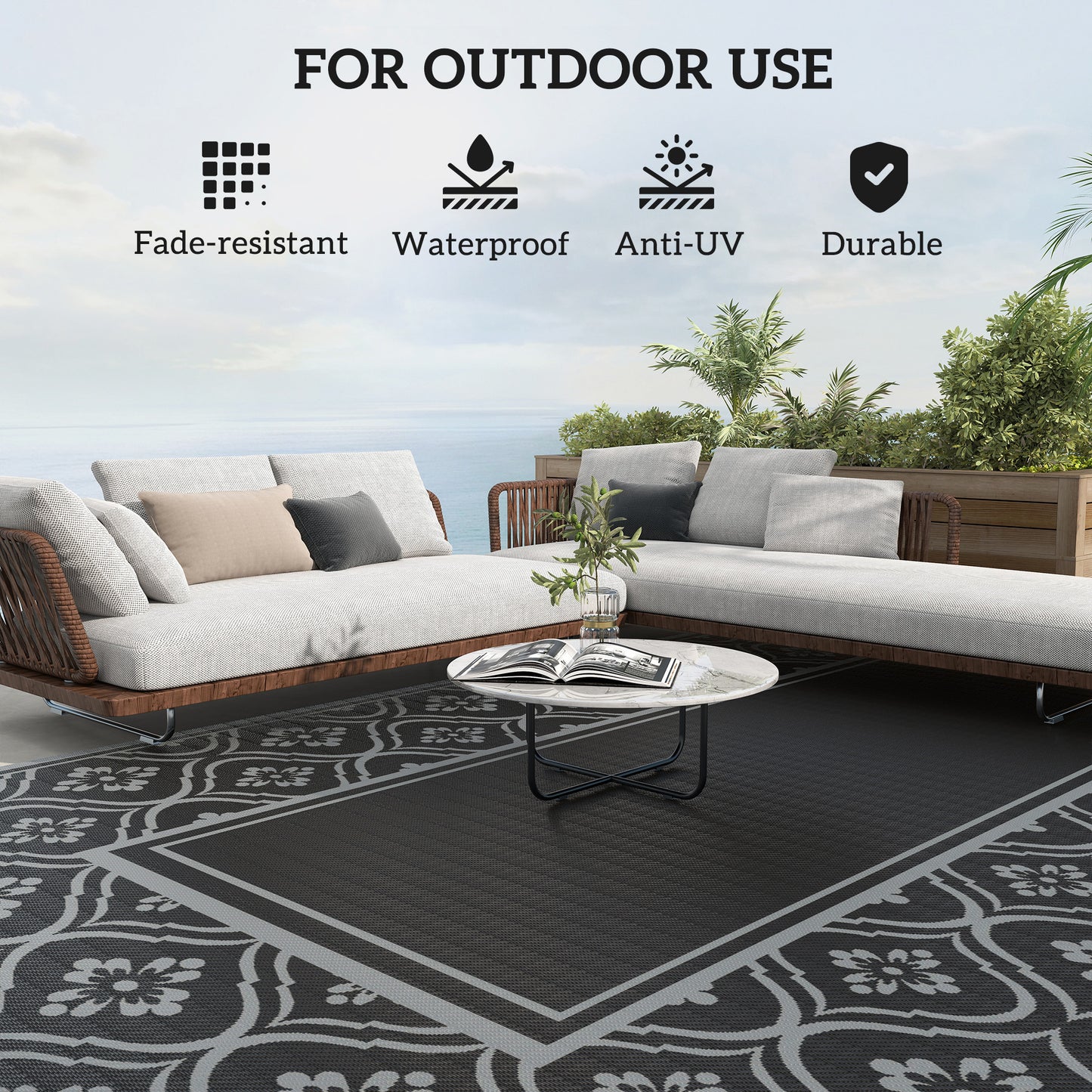 Reversible Waterproof Outdoor Rug with Carry Bag - Black & Gray Gourd Border