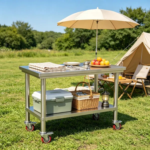 Sleek Metal Work Table With Adjustable Height And Shelf For Kitchen