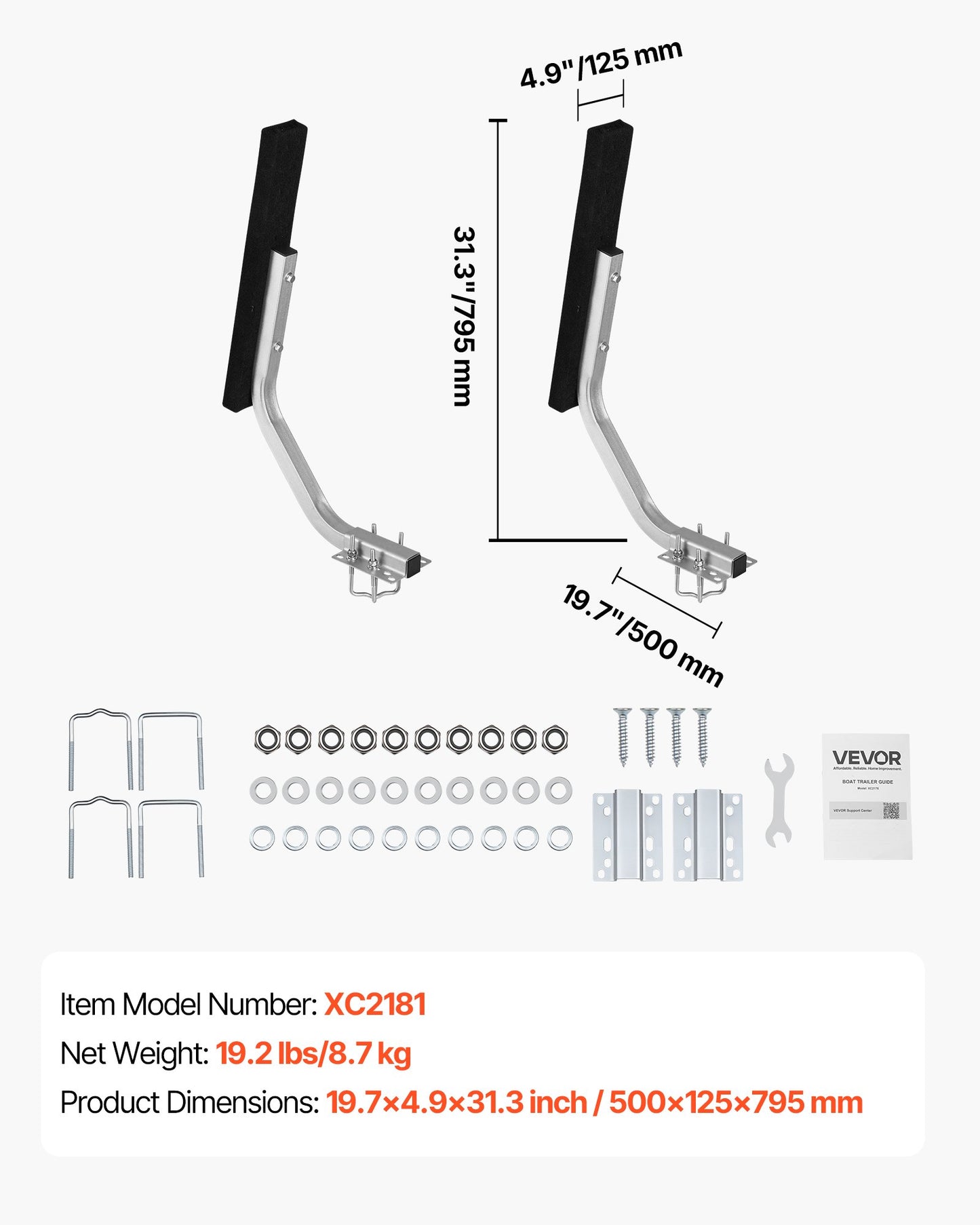 Adjustable Boat Trailer Guides 2PCS Steel Bunk-Style Guide-Ons with Non-Slip Pads