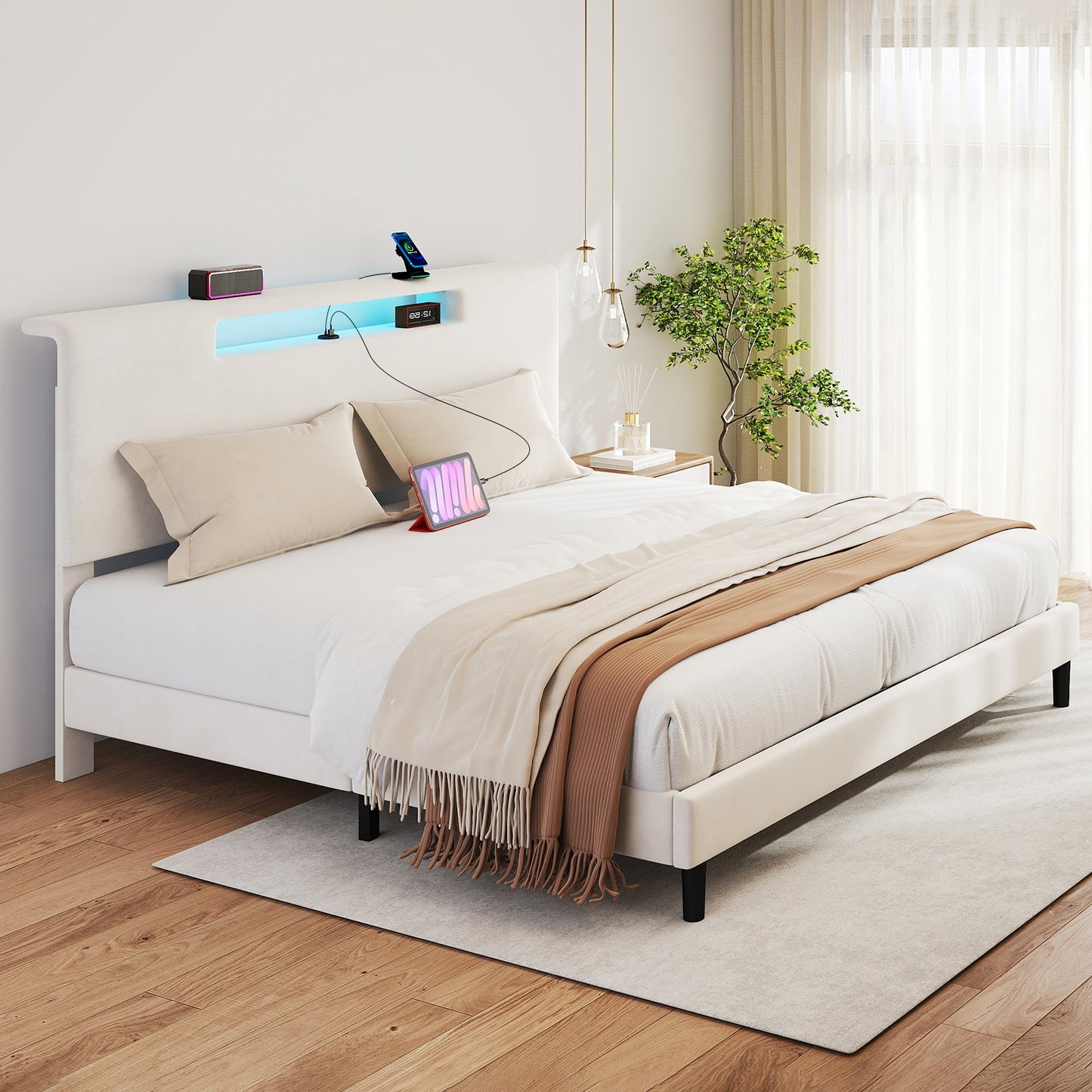 King Size Bed Frame Upholstered High Headboard Mattress Foundation