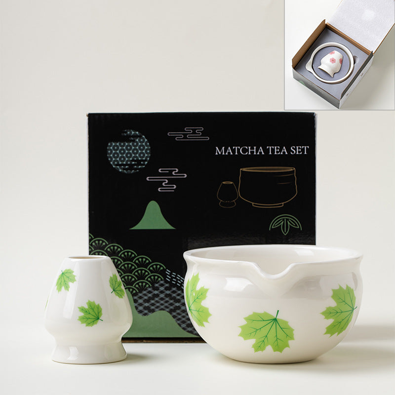Ceramic Matcha Bowl Set Japanese Style Flower Pattern Home Barware