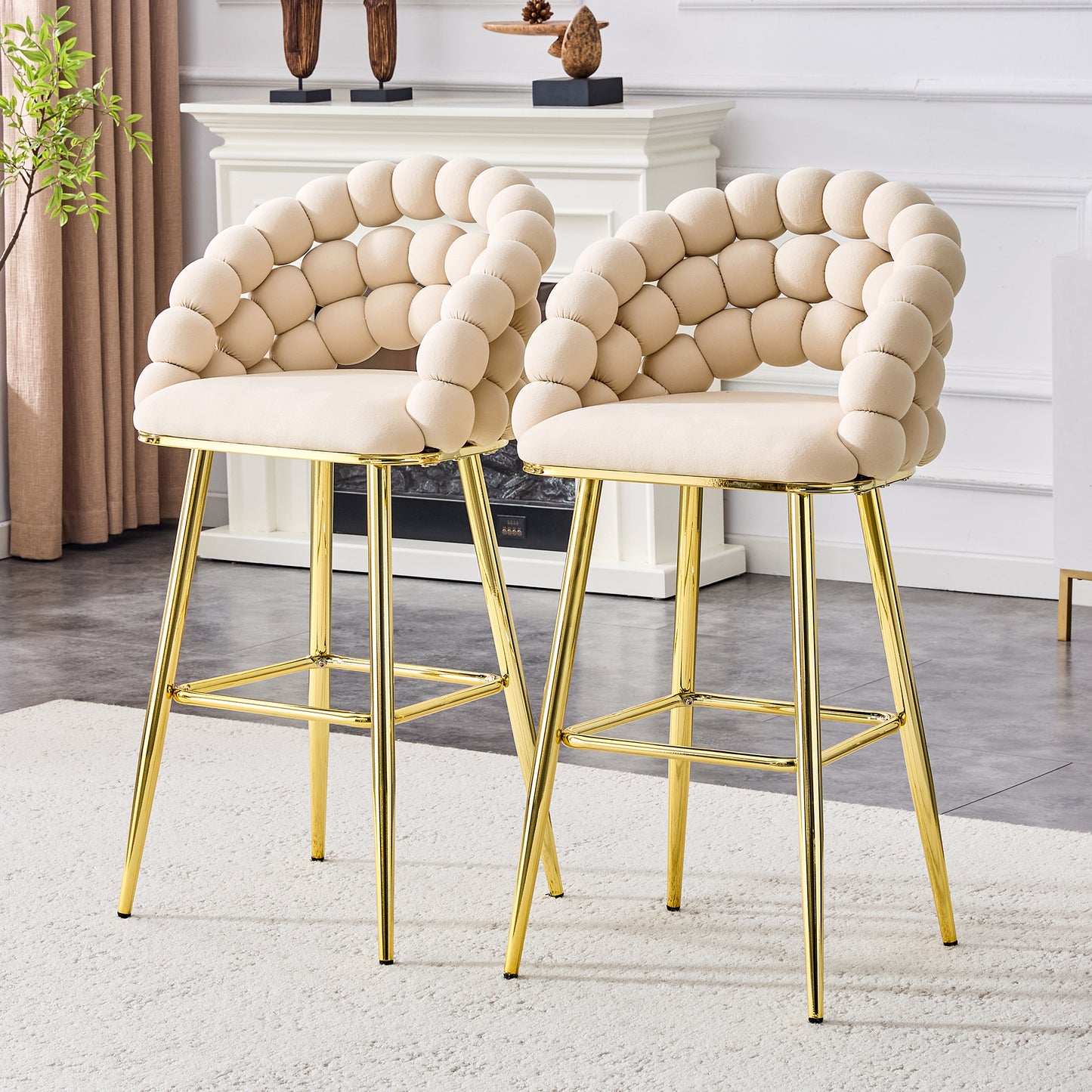 Set of 2 Modern Velvet Bar Stools with Gold Legs - Beige