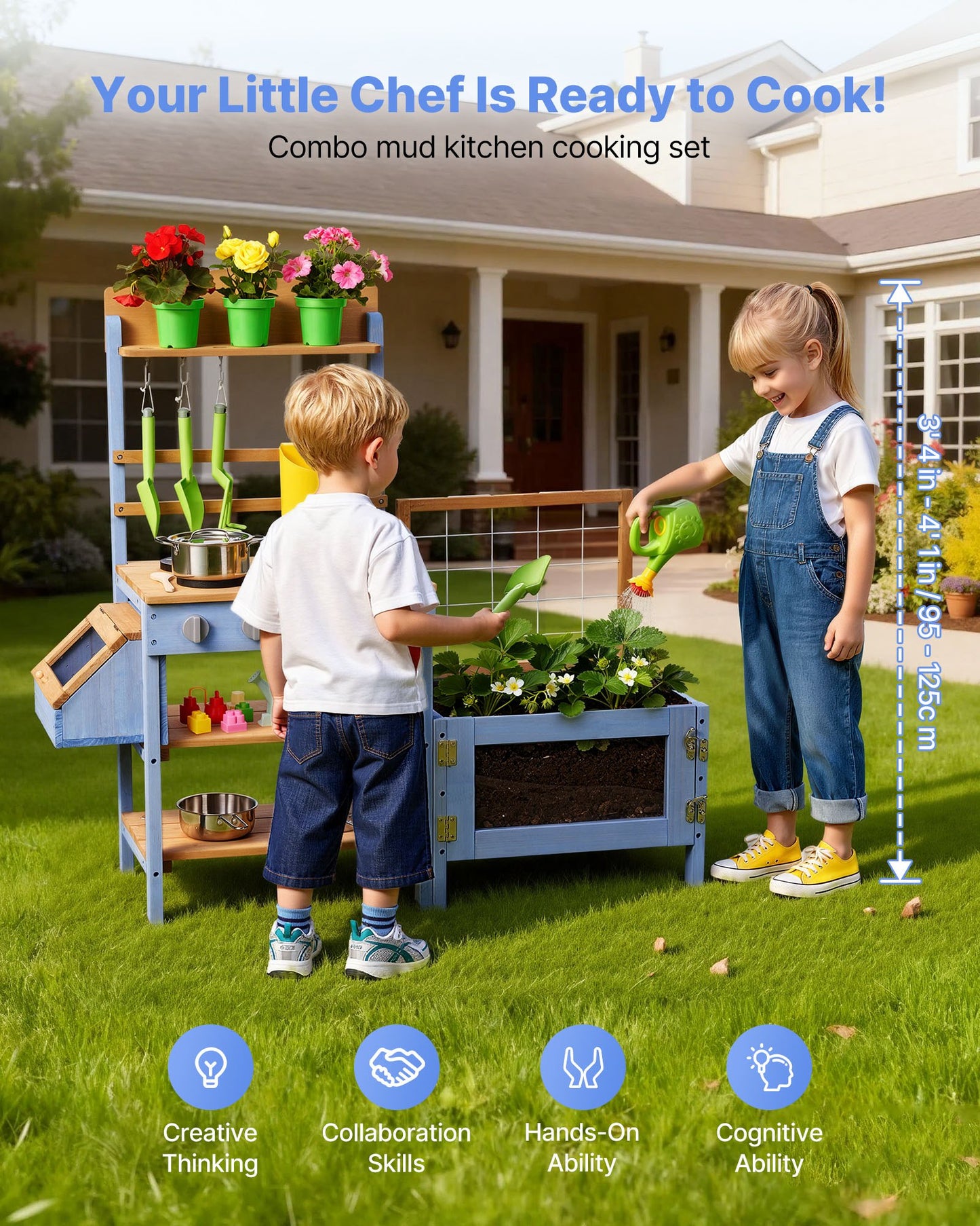 Outdoor Kids Mud Kitchen with Planting Box and Water Tank - Wooden Playset for Garden