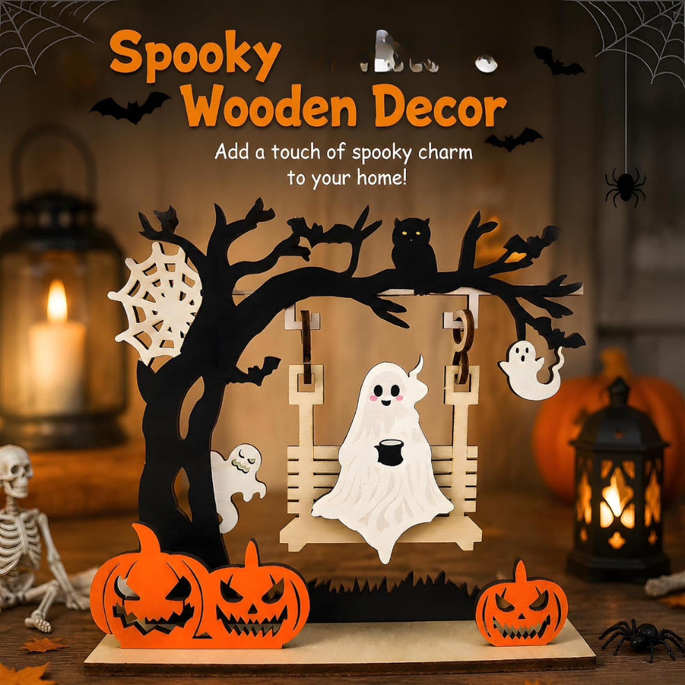 Halloween Ghost Pumpkin Wooden Centerpiece Decor - Black