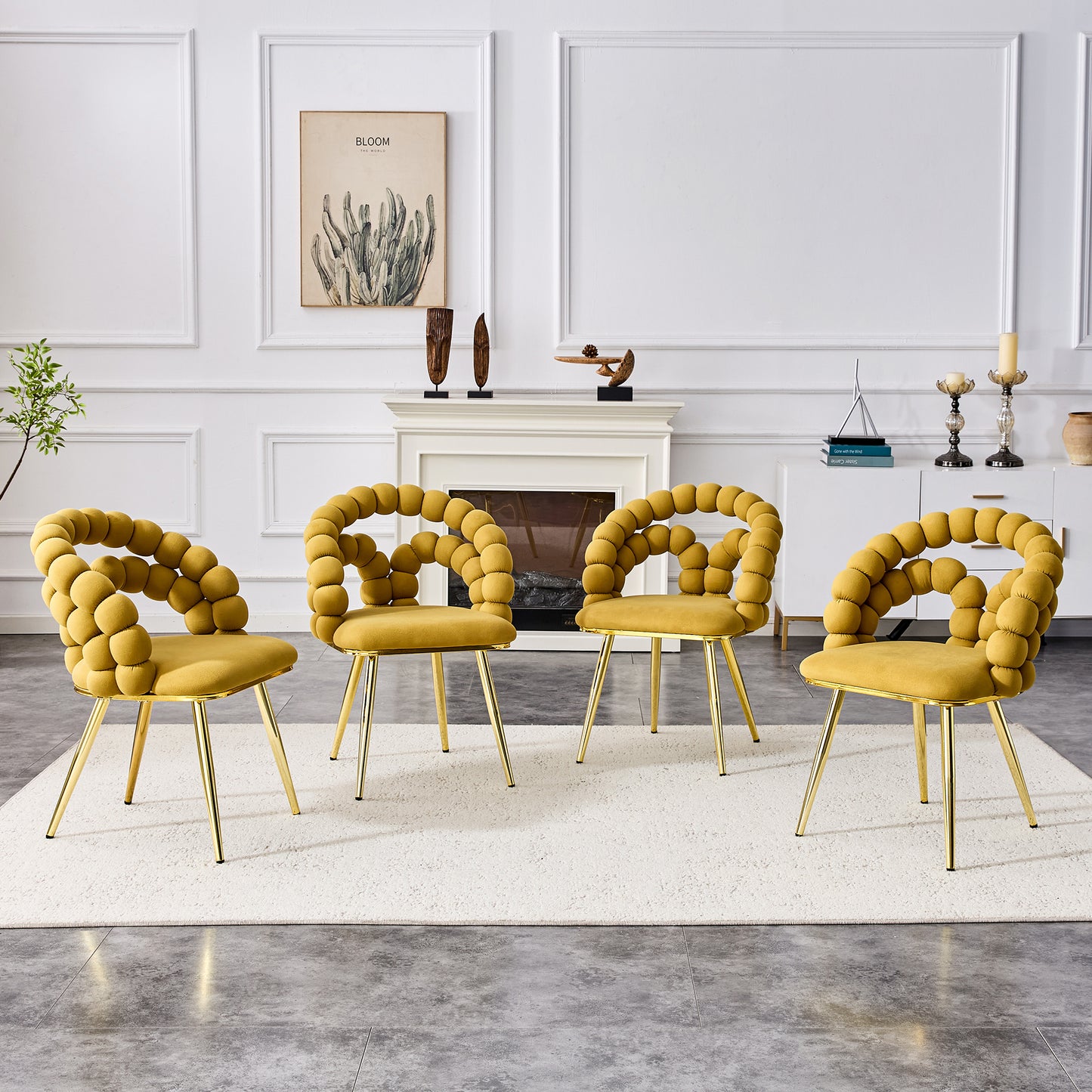 Set of 4 Yellow Velvet Dining Chairs with Gold Legs