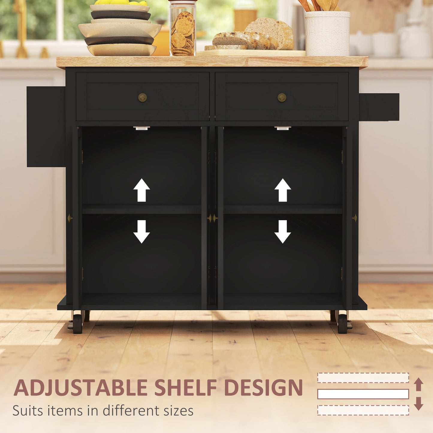 44" Mobile Kitchen Island Cart with Storage - Black