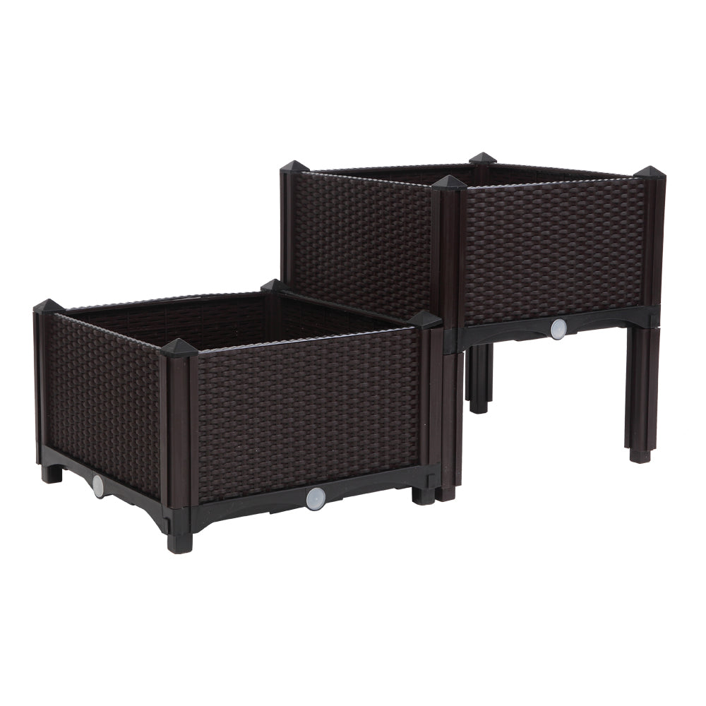 2PCS Brown Injection Molded Planting Box Garden Planter with Rattan Pattern