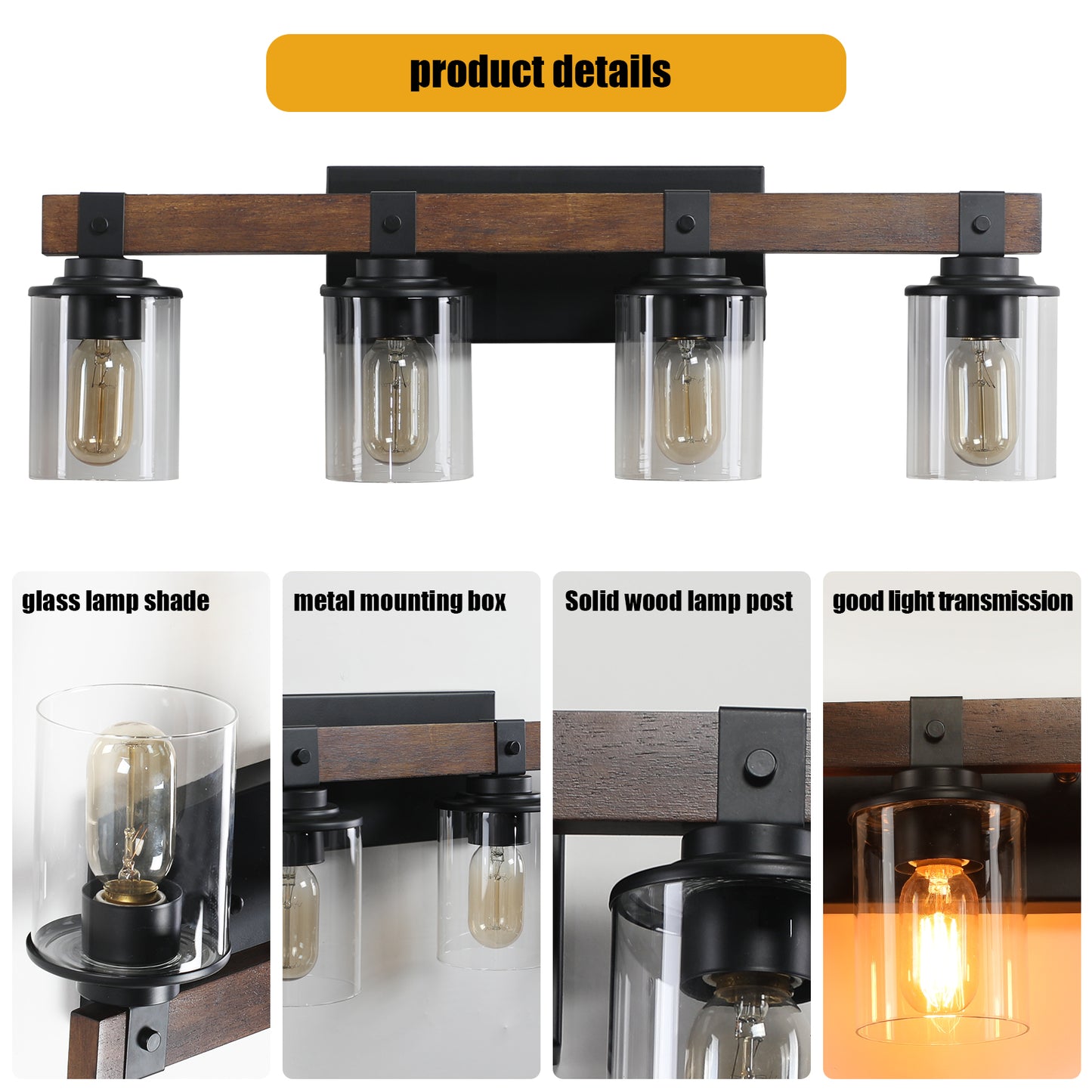 27-Inch Rustic 4-Light Vanity Light Fixture with Glass Shades