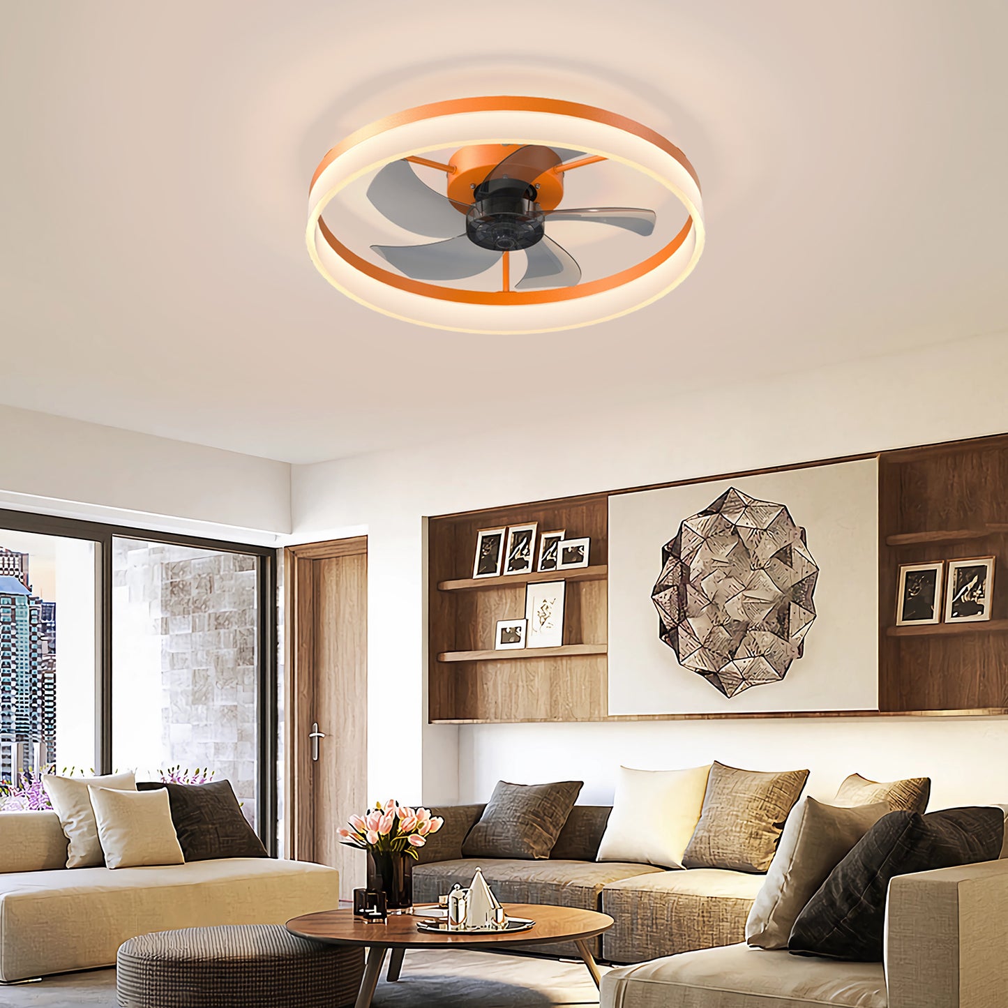 Dimmable LED Ceiling Fan with Lights - Thin Modern Design, Orange