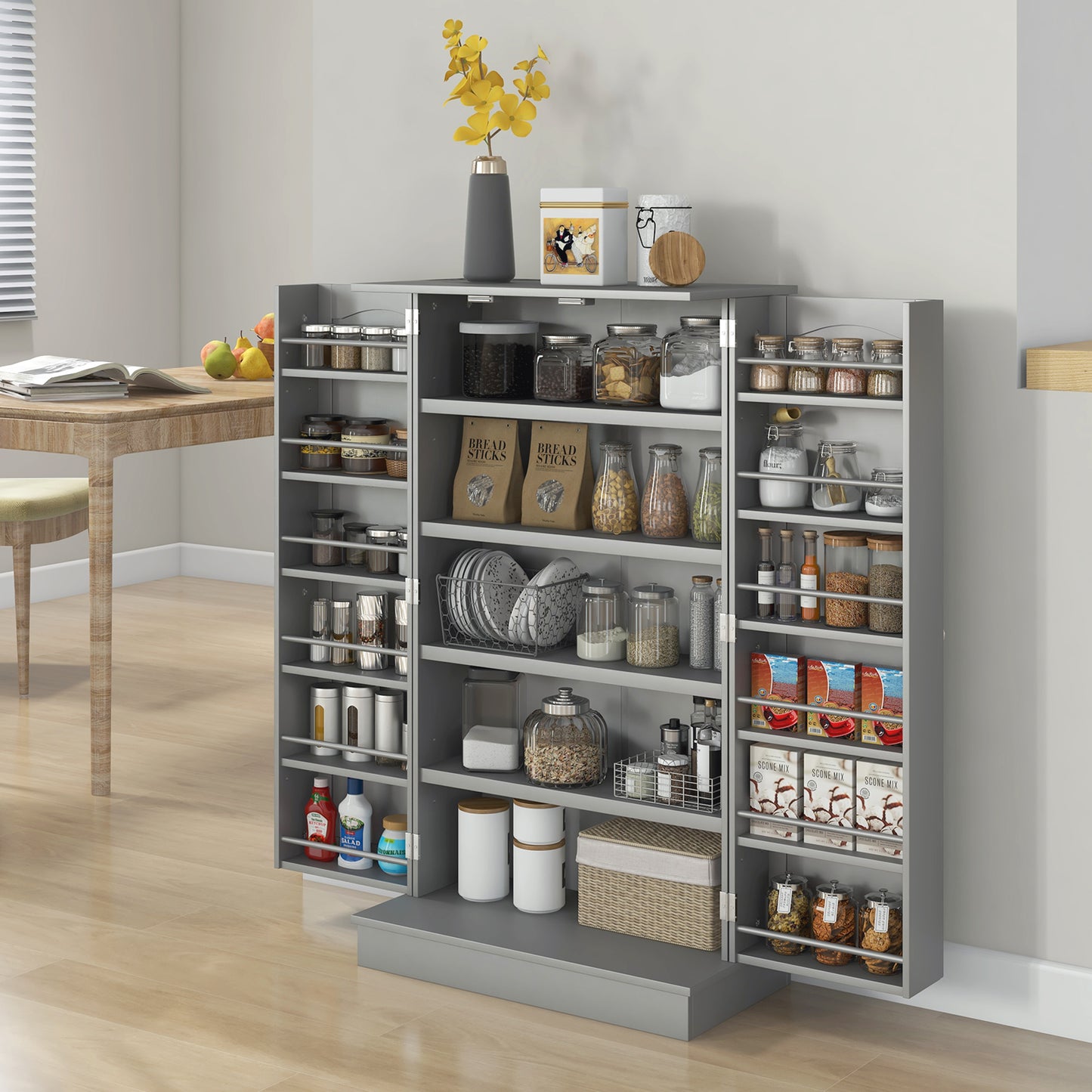 Freestanding Kitchen Pantry Cabinet with 12 Door Shelves - Gray