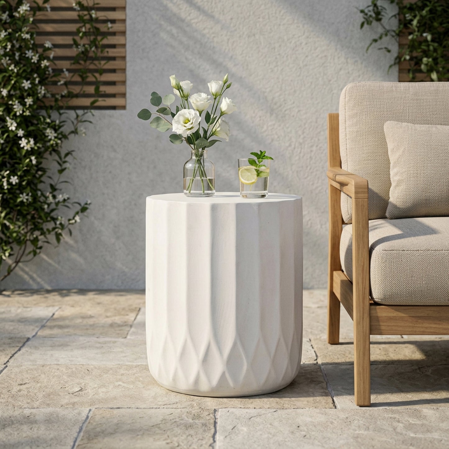 Round Outdoor Side Table - 15 Inch Antique White End Table