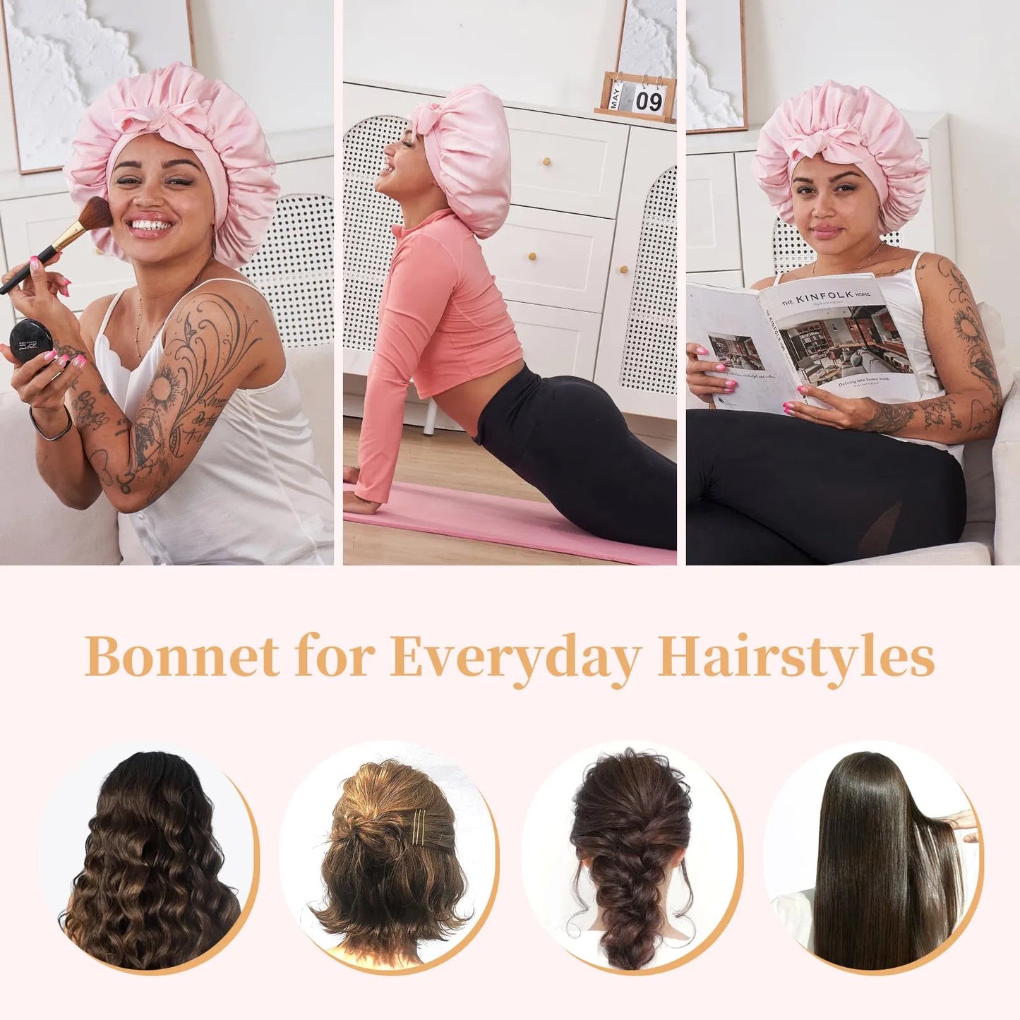 Satin Hair Bonnet for Sleeping - Adjustable Double-Layer Silk Cap - Pink