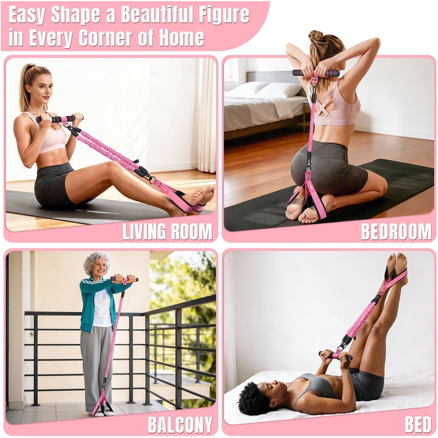 3-Tube Resistance Bands with Handles & Foot Pedals - Pink