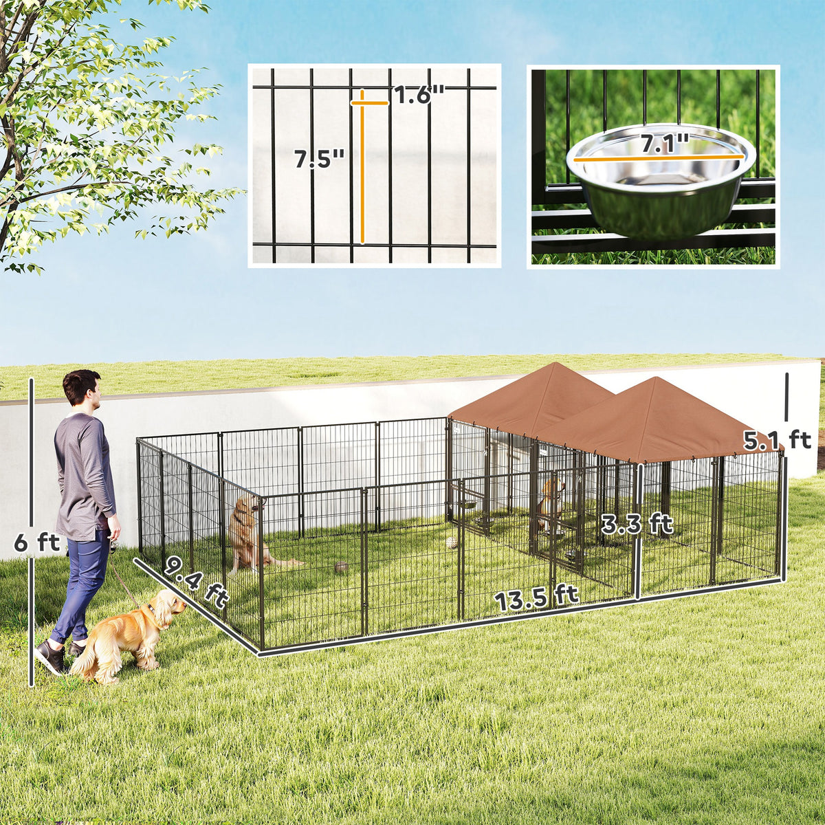 Large Outdoor Dog Kennel with 2 Rooms, Adjustable Bowls, 13.5x9.4x5.1 ft - Waterproof Steel & Oxford Fabric