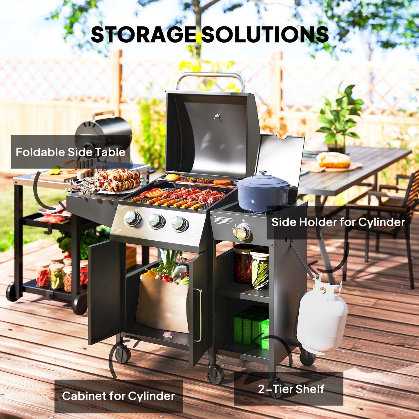 3-Burner Propane Gas Grill with Side Burner and Shelves