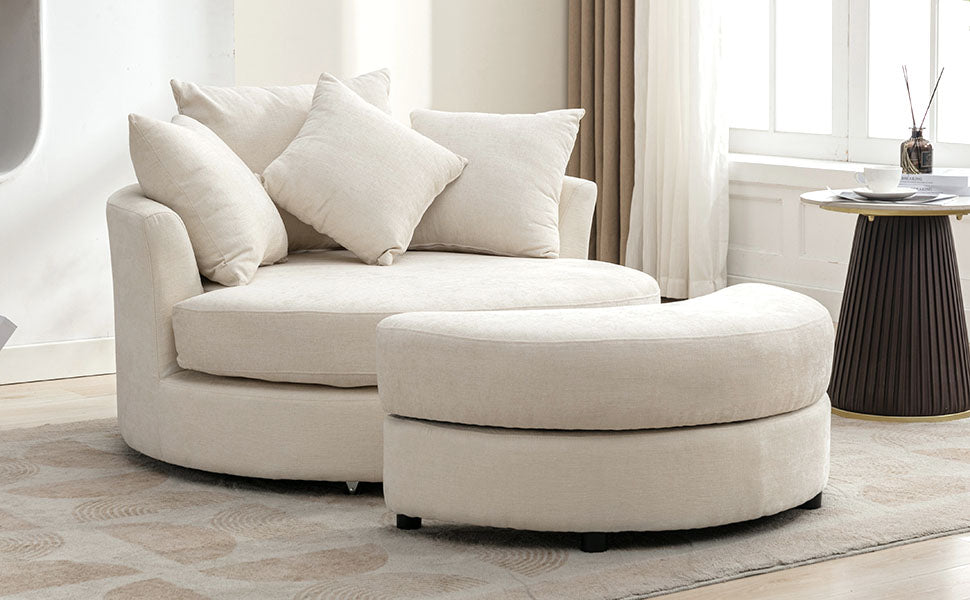 360° Swivel Accent Barrel Chair with Storage Ottoman & 4 Pillows - Cream