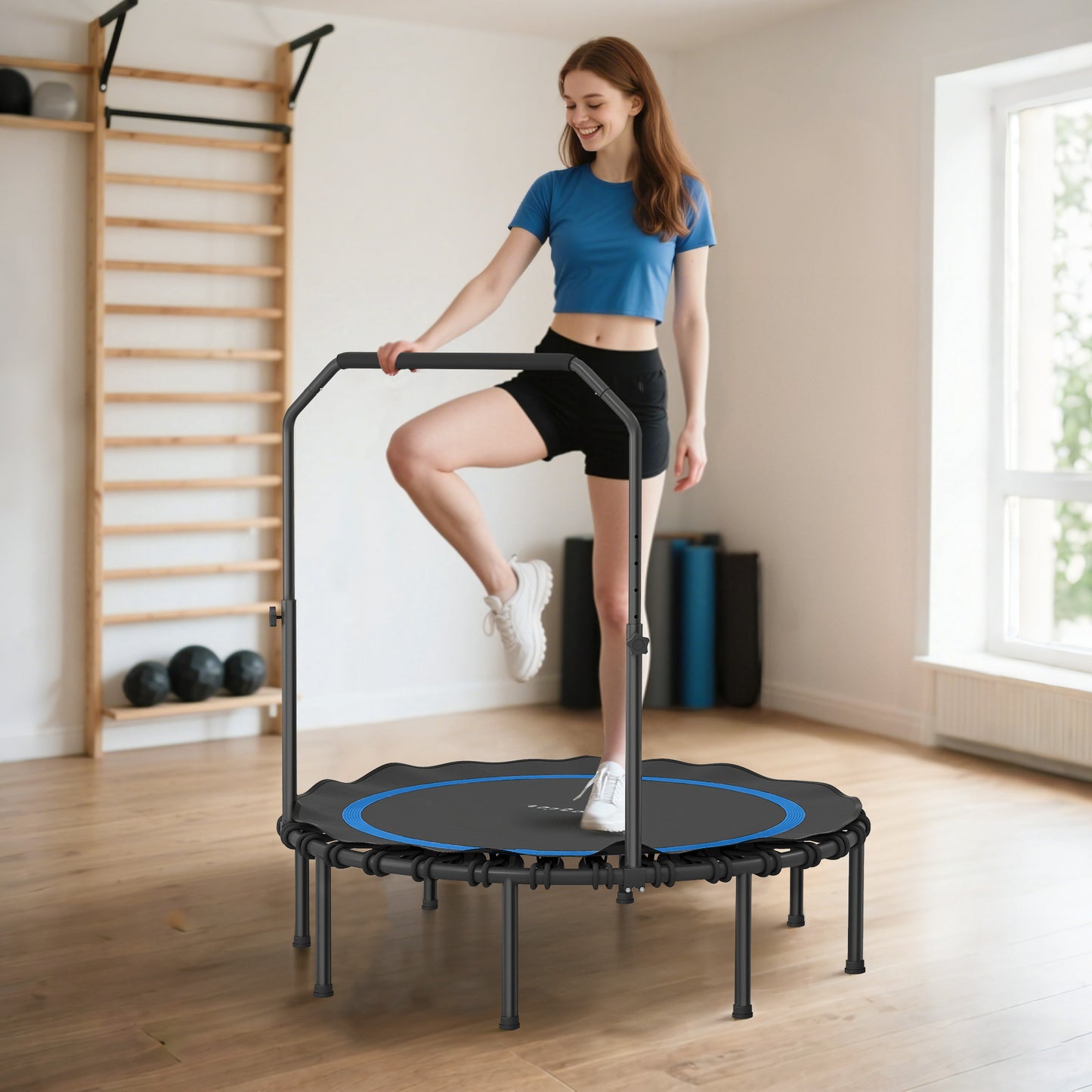48" Foldable Mini Trampoline for Adults with Adjustable Handle - Blue