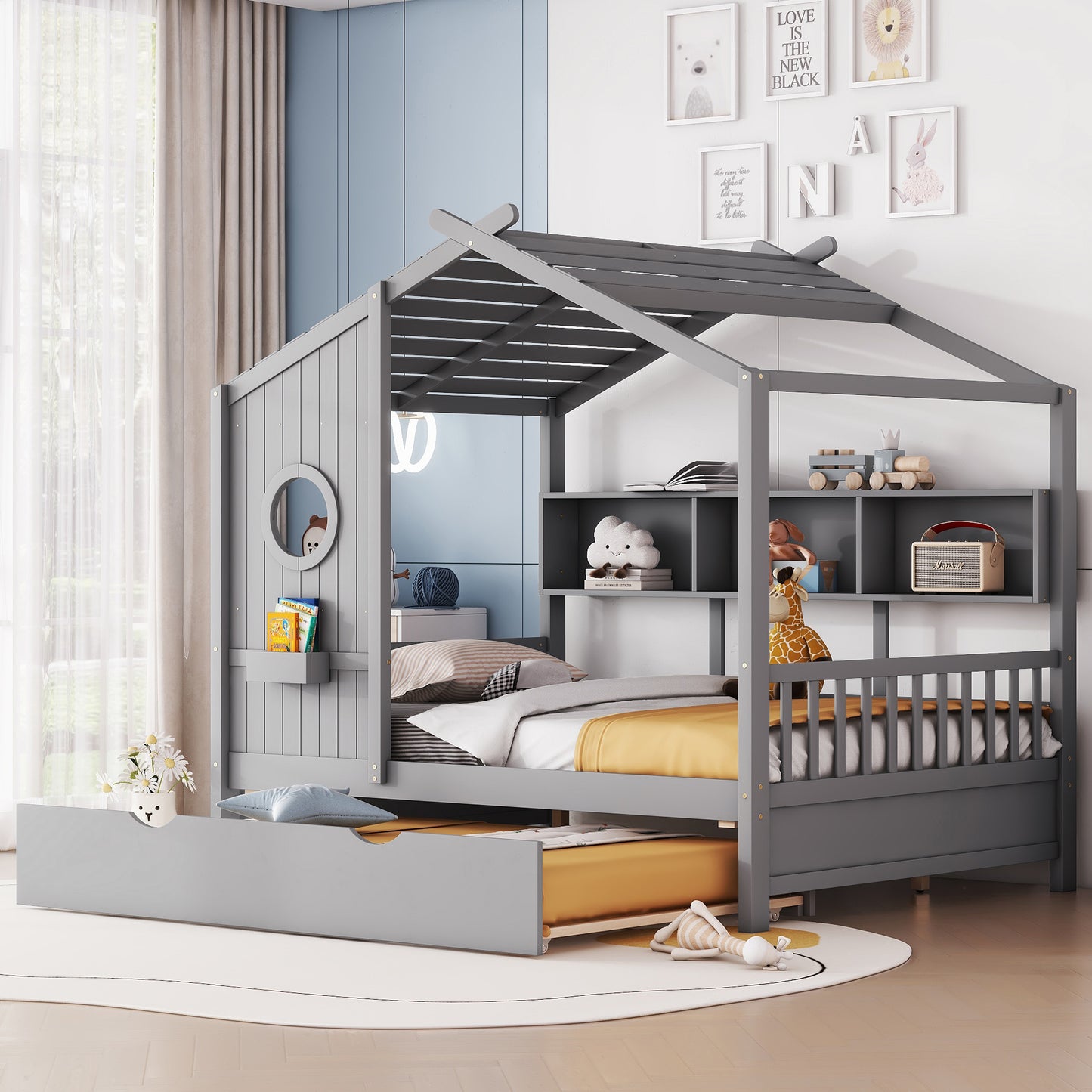 Wooden Full Size House Bed With Trundle, Modern Design For Kids