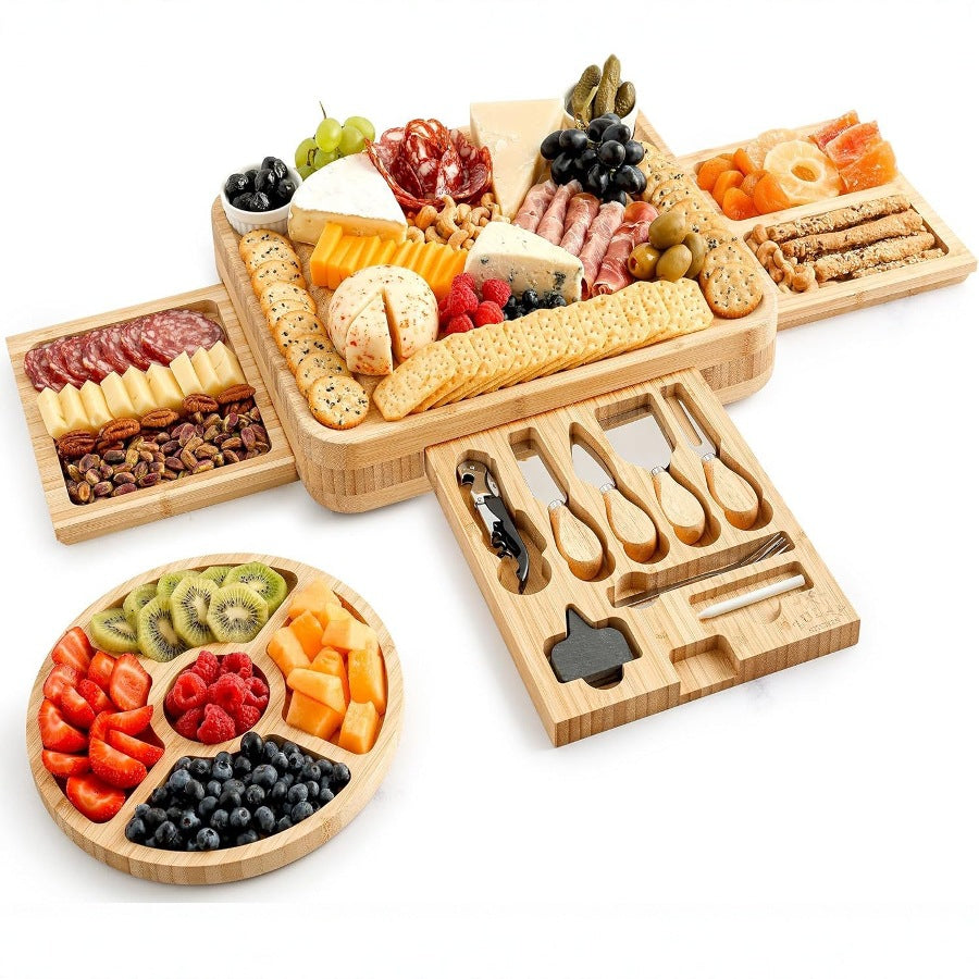 Bamboo Cheese Board Set with Stainless Steel Knives, Square 33x39cm