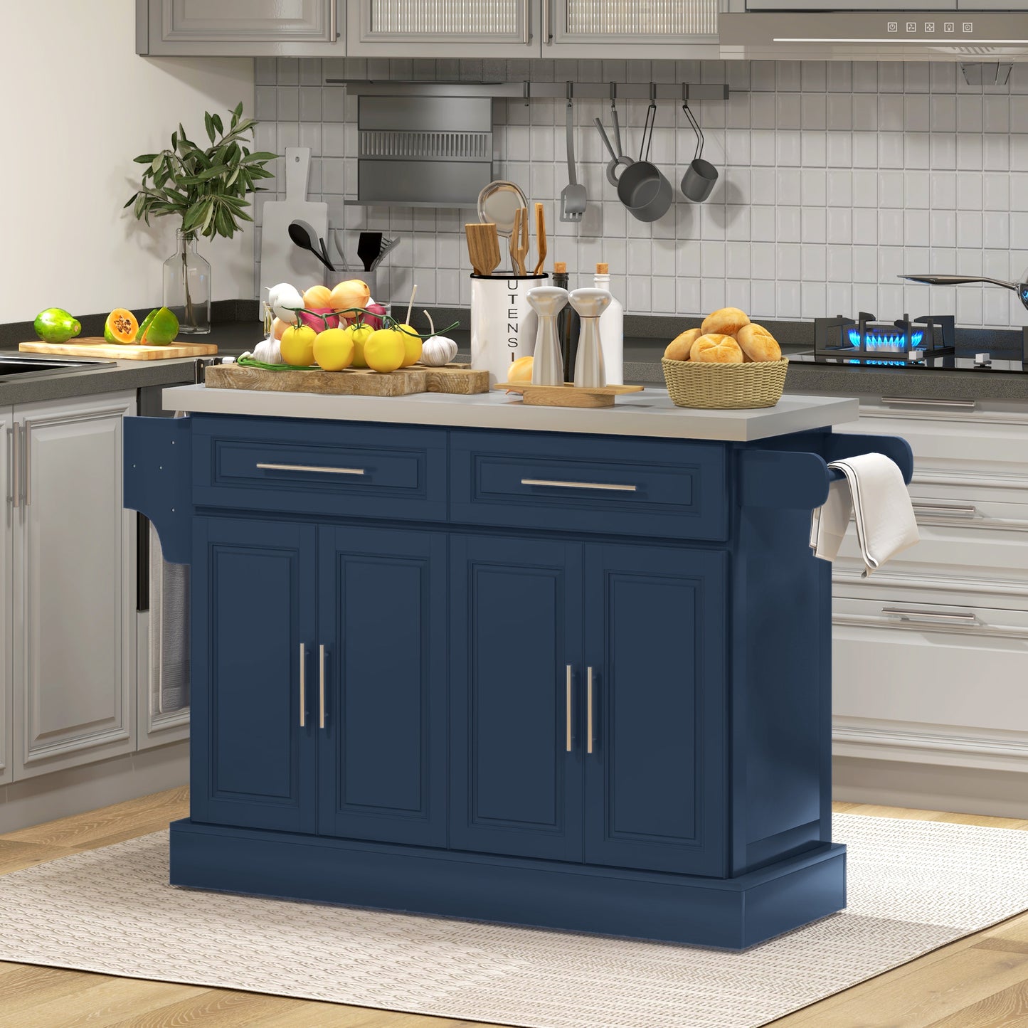Rolling Kitchen Island with Stainless Steel Top & Drawers - Navy Blue