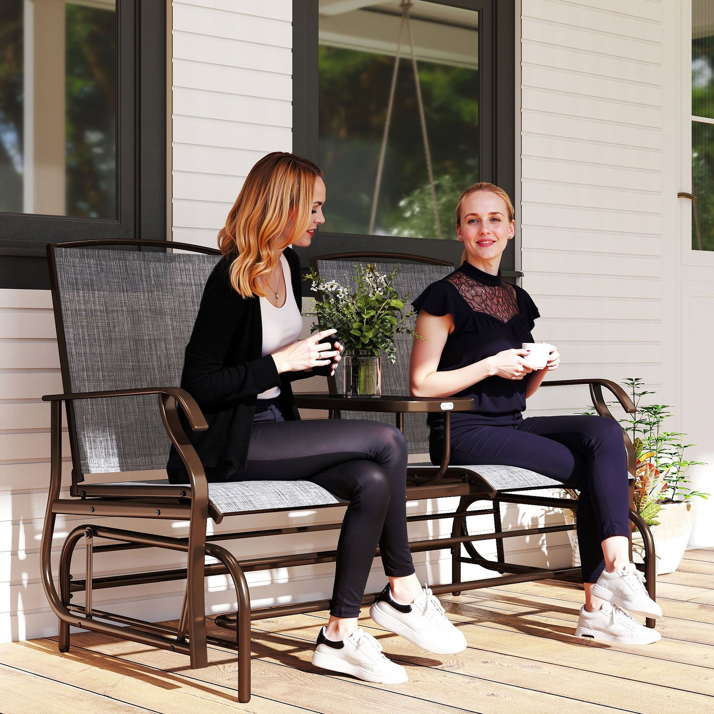 2-Seat Outdoor Glider Swing with Center Coffee Table - Brown