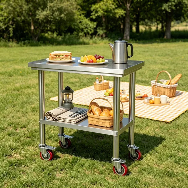 Sleek Metal Work Table With Adjustable Height And Shelf For Kitchen