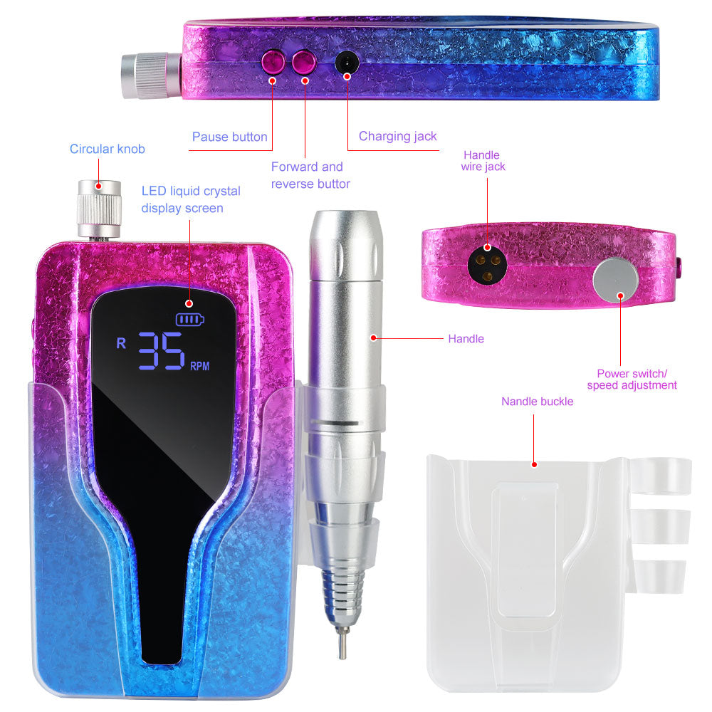Professional Cordless Electric Nail Drill - 45000 RPM Rechargeable E-File - Purple
