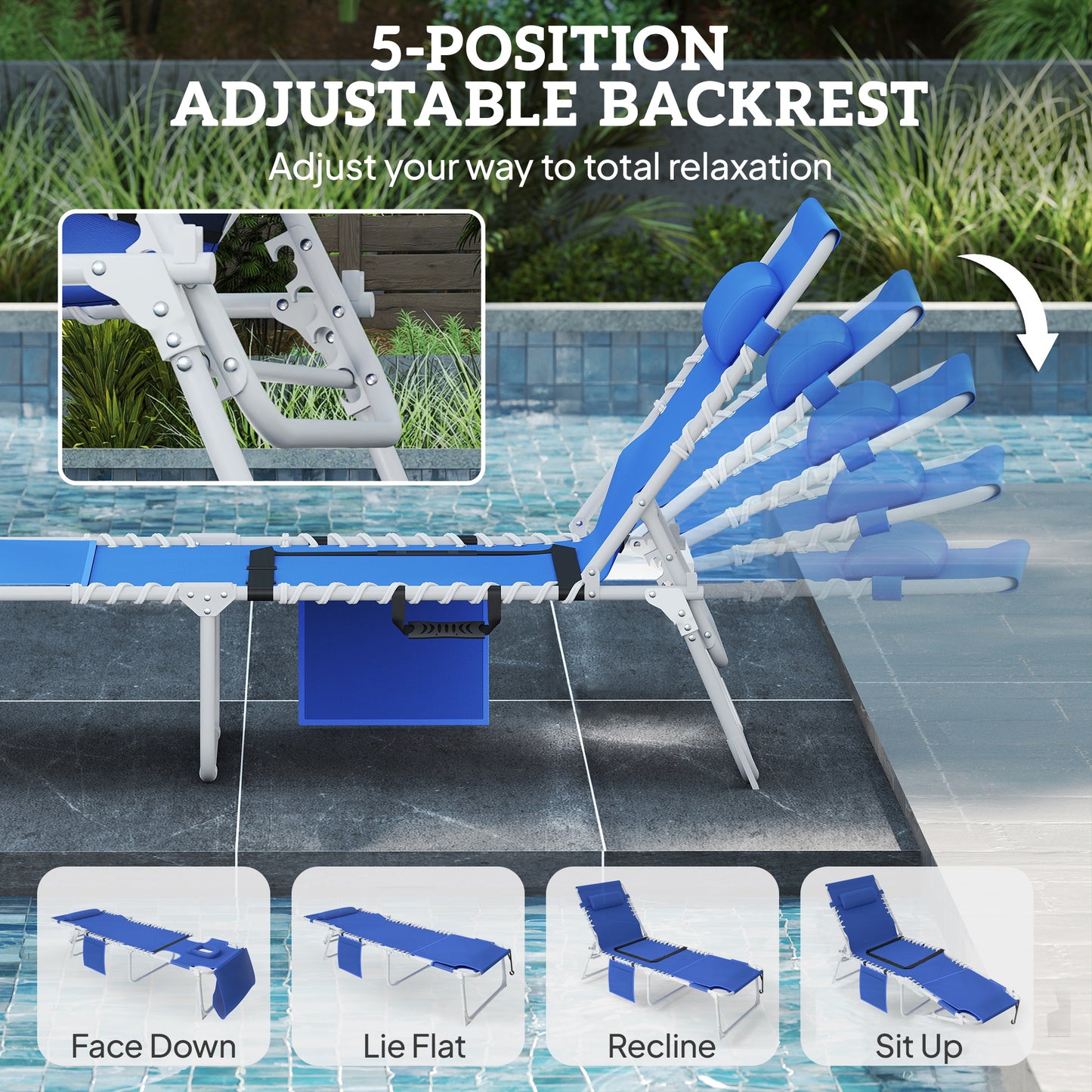 Folding Outdoor Lounge Chair with Side Table - Navy Blue