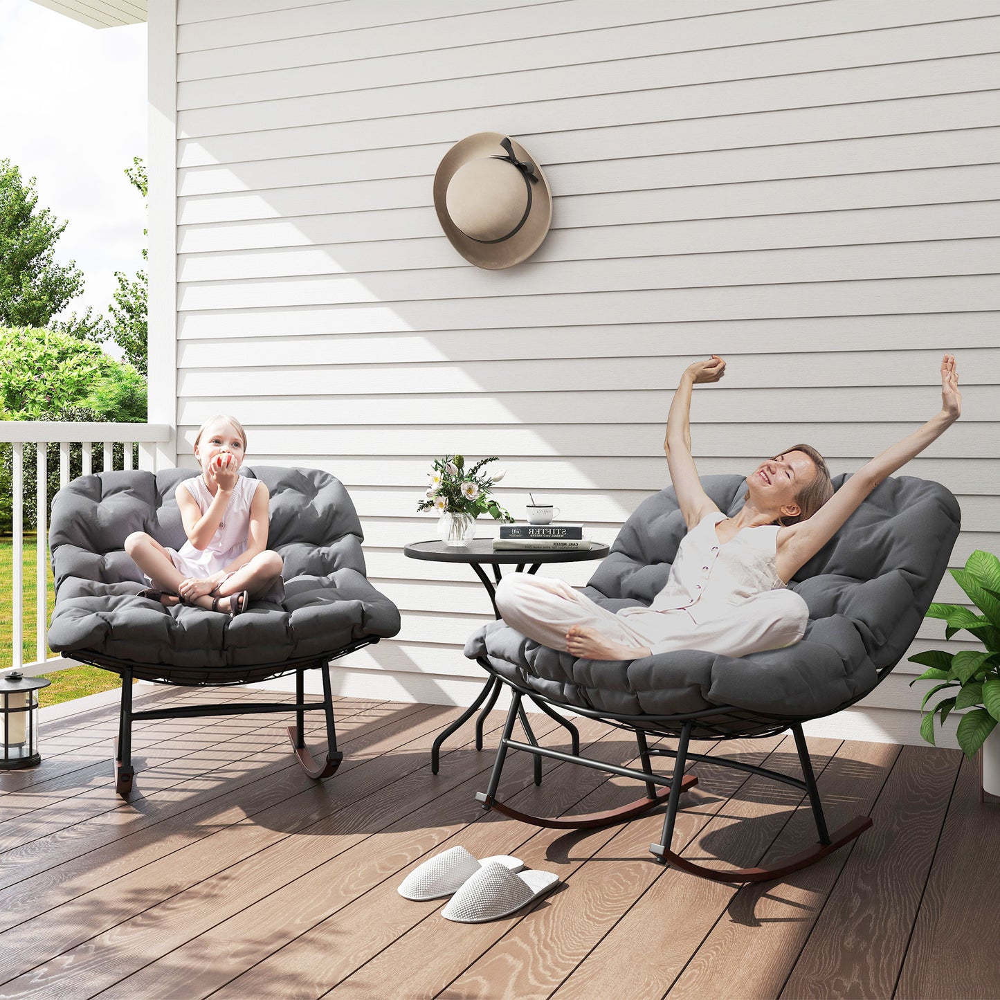 Oversized Outdoor Rocking Chairs Set of 2 with Cushions - Gray