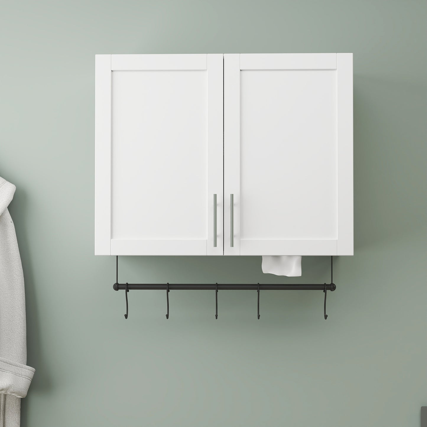 Over The Toilet Bathroom Wall Cabinet with Adjustable Shelf, Towel Bar & 5 Hooks - White