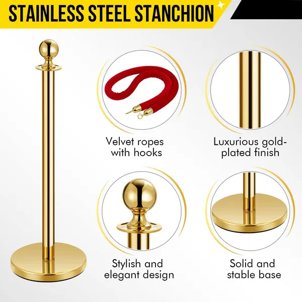 Gold Stainless Steel Stanchions with Red Velvet Rope - 4 Pcs