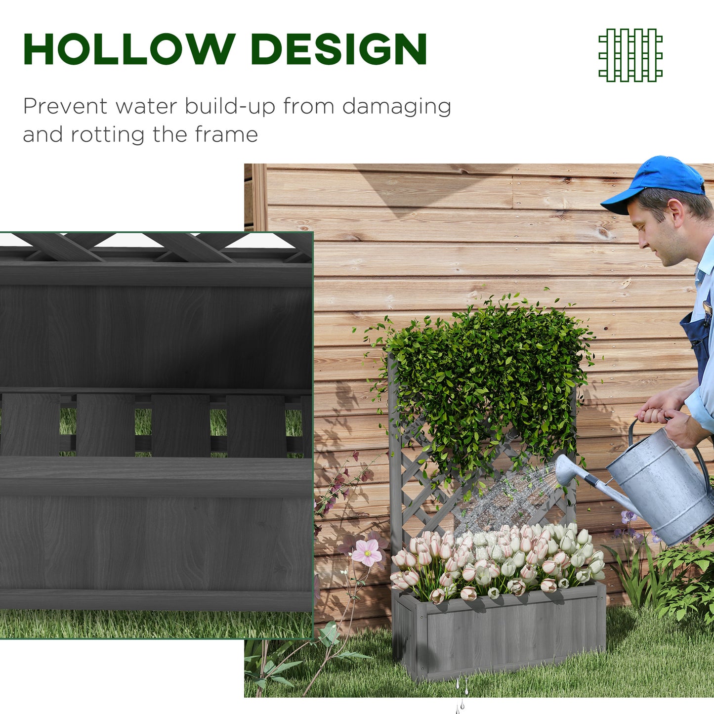 46-Inch Wooden Garden Planter with Trellis for Vegetables Herbs Flowers - Gray
