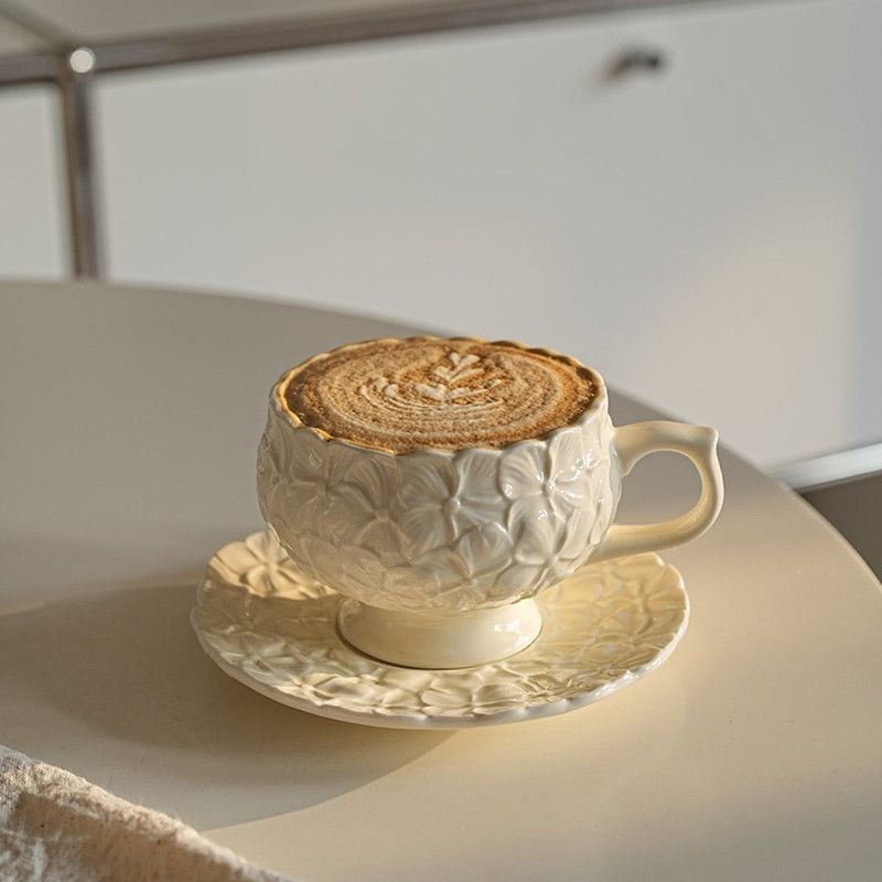Retro Embossed Ceramic Coffee Cup Set - Multiple Colors & Capacity