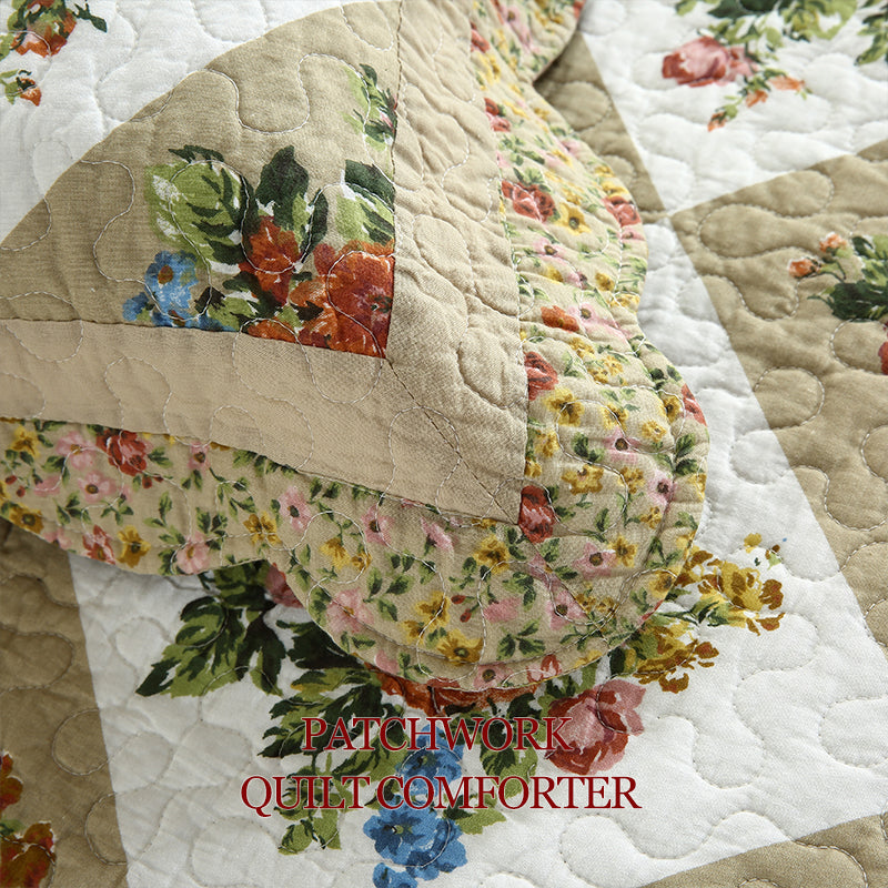 Vintage Reversible Cotton Bedspread Set - Floral Patchwork Queen All Season
