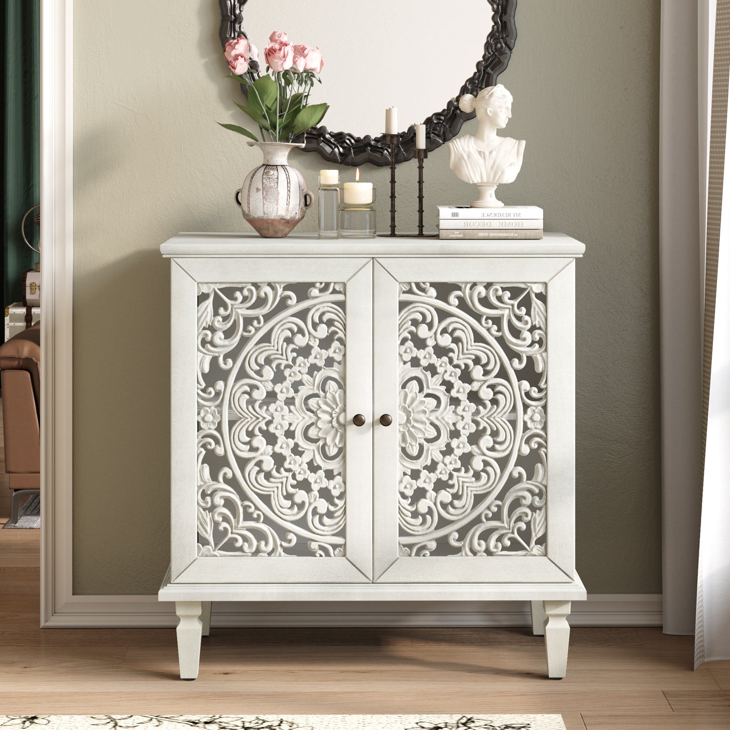 Vintage Hollow-Carved Accent Cabinet - 2-Door Display Sideboard