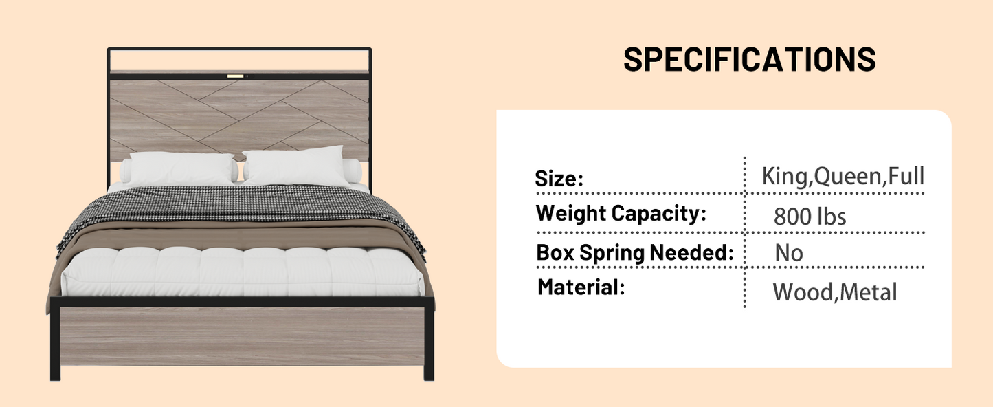 Full Metal Bed Frame with LED Headboard & USB Charging - Antique Gray