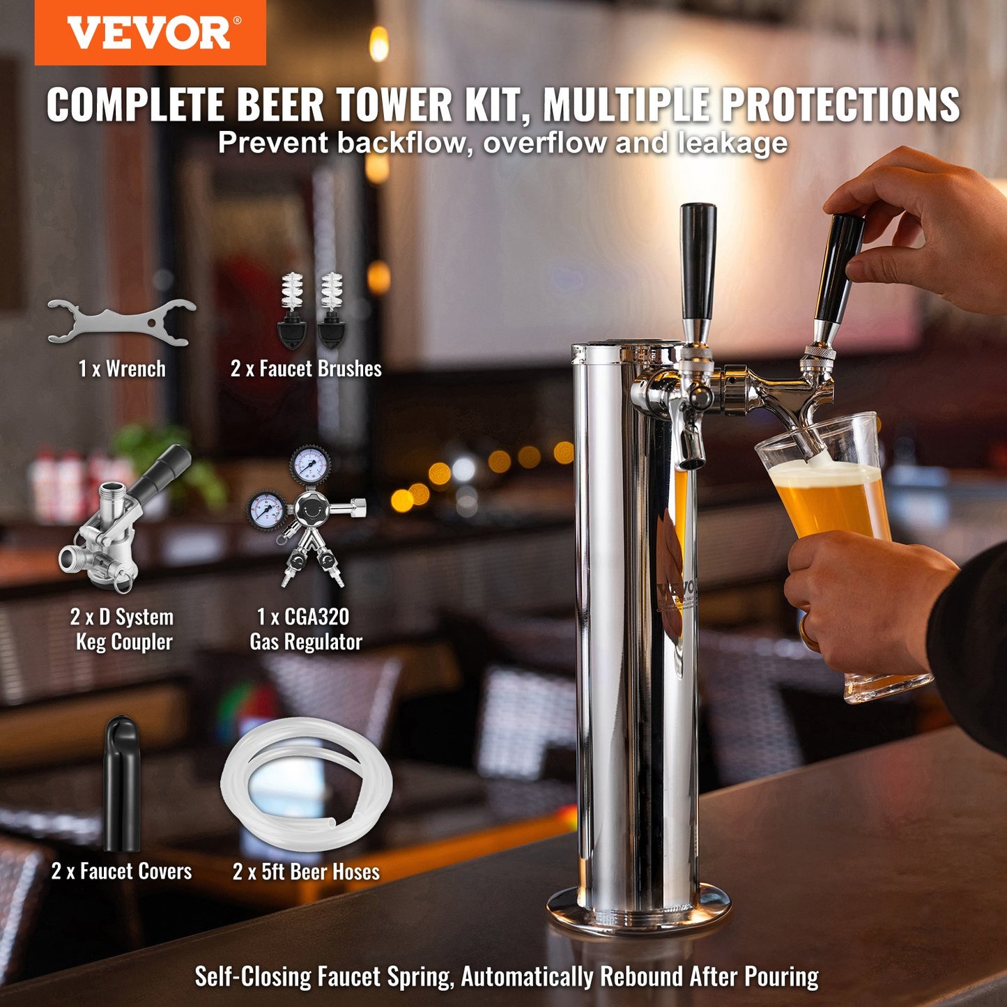 Dual Tap Kegerator Tower Kit - Stainless Steel Beer Dispenser