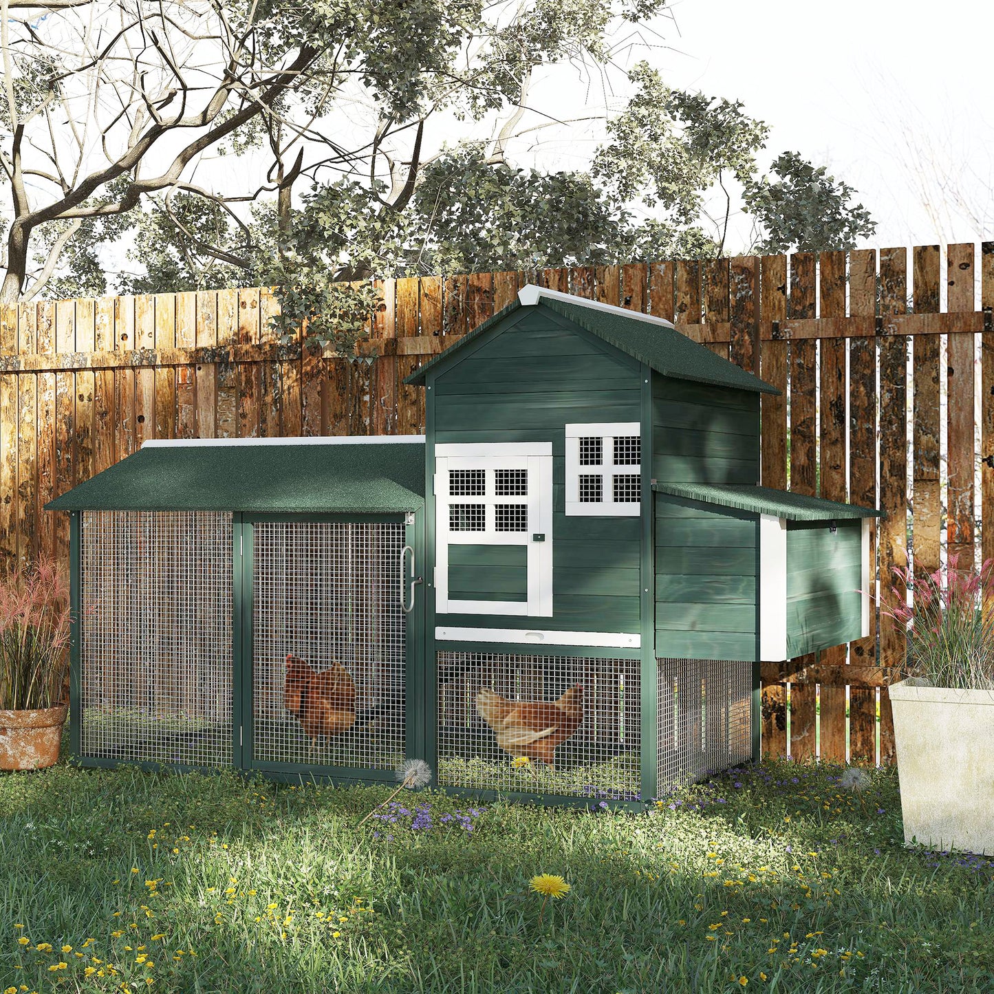 84-Inch Wooden Chicken Coop with Run and Nesting Box - Green Outdoor Poultry Cage