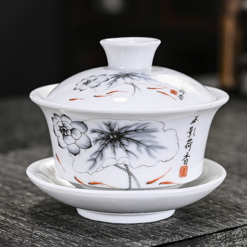 Porcelain Chinese Style Tea Set with Tea Tray - White Ceramic Tableware