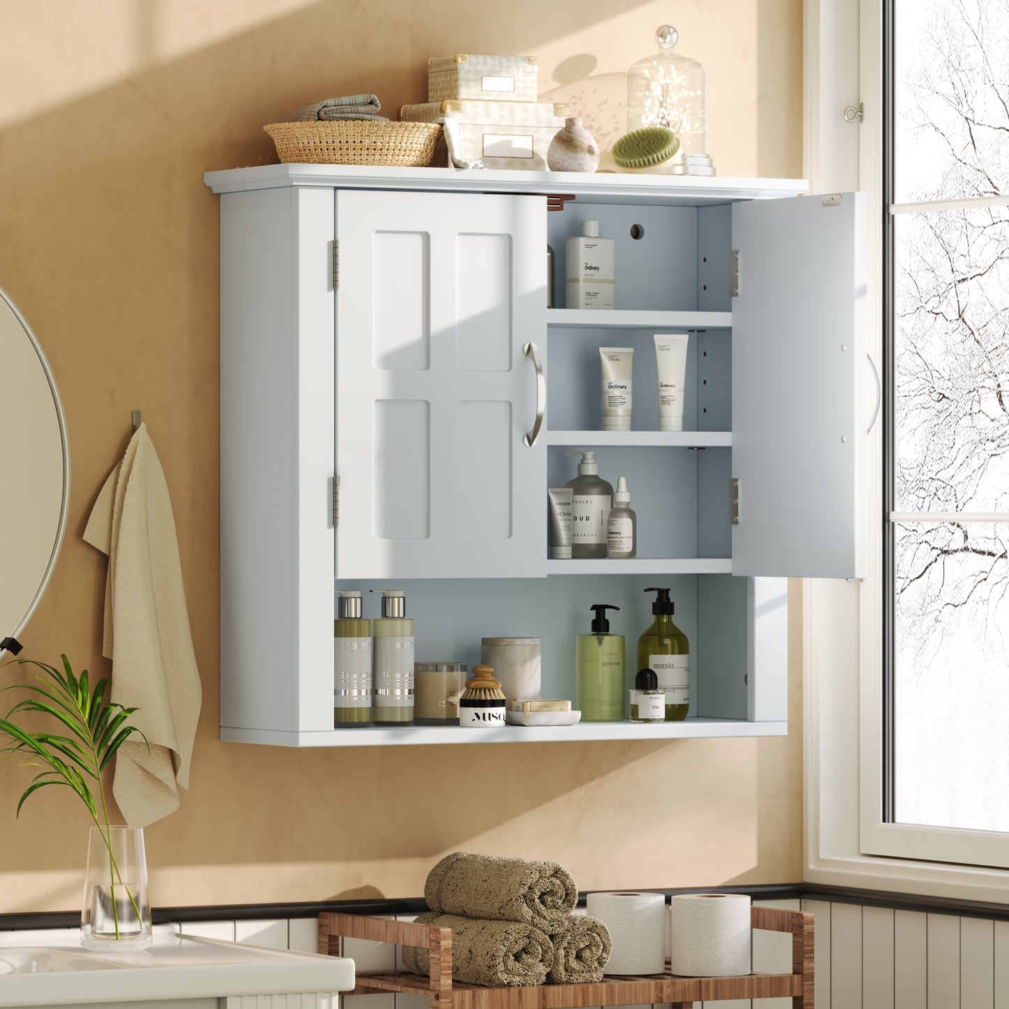 Wall-Mounted Bathroom Storage Cabinet with Adjustable Shelves - White