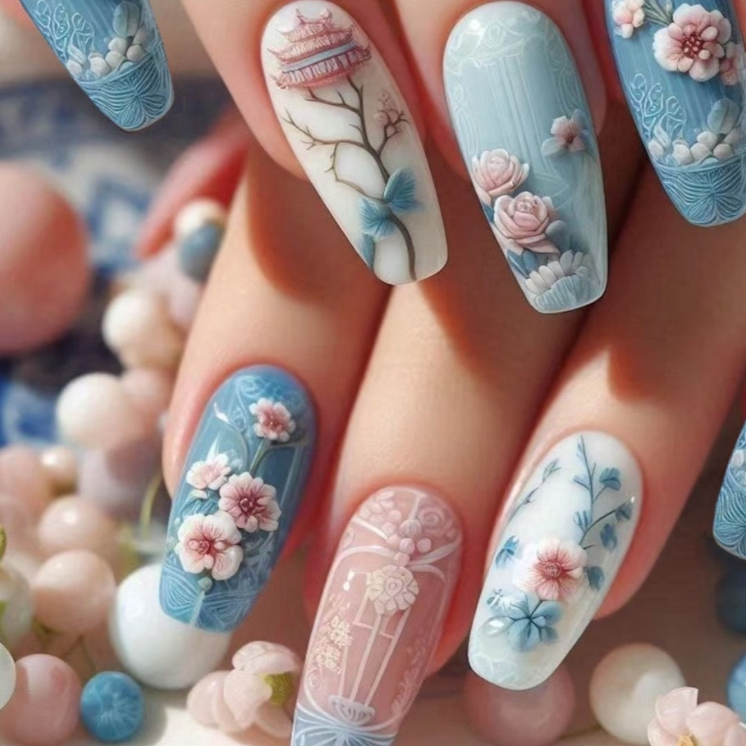 Fake Nail Art Stickers - 24 Pieces Floral & Christmas Designs for Ladies